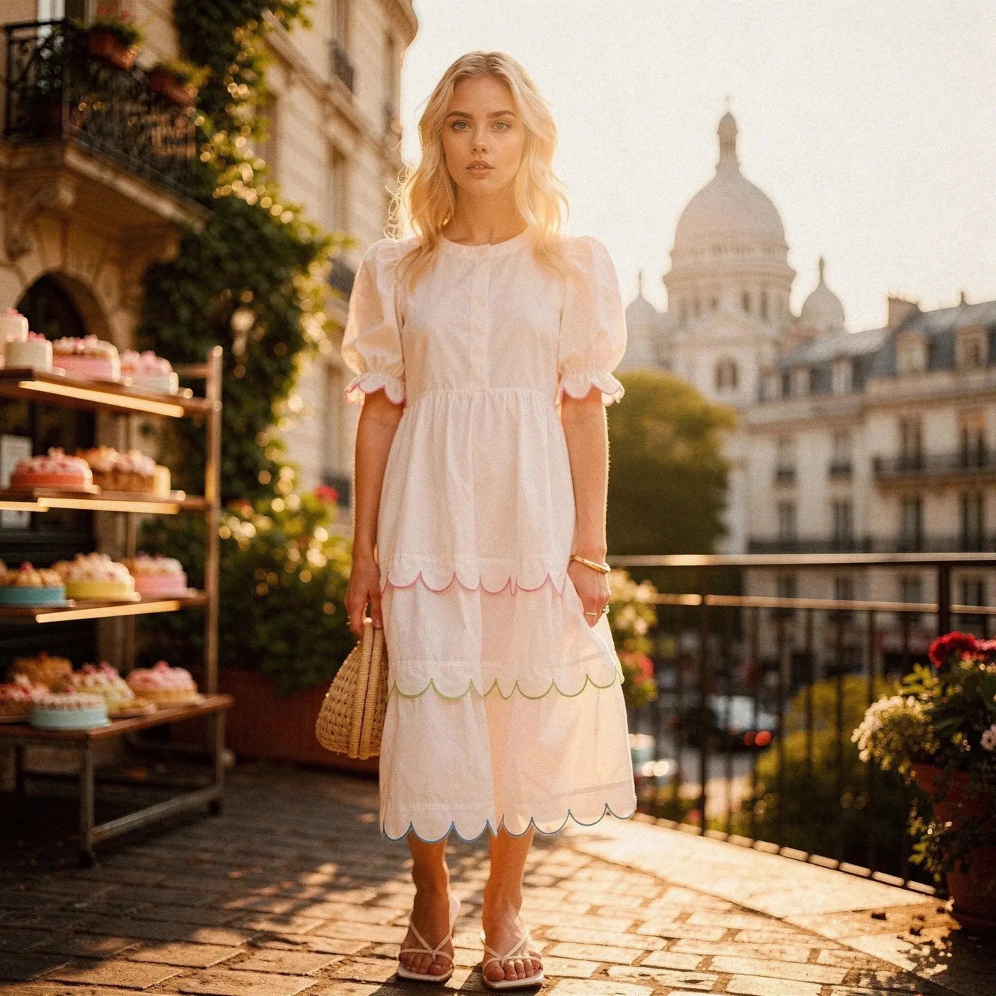 Woman wearing a white A line midi dress with pastel scalloped hem, standing outdoors near pastries