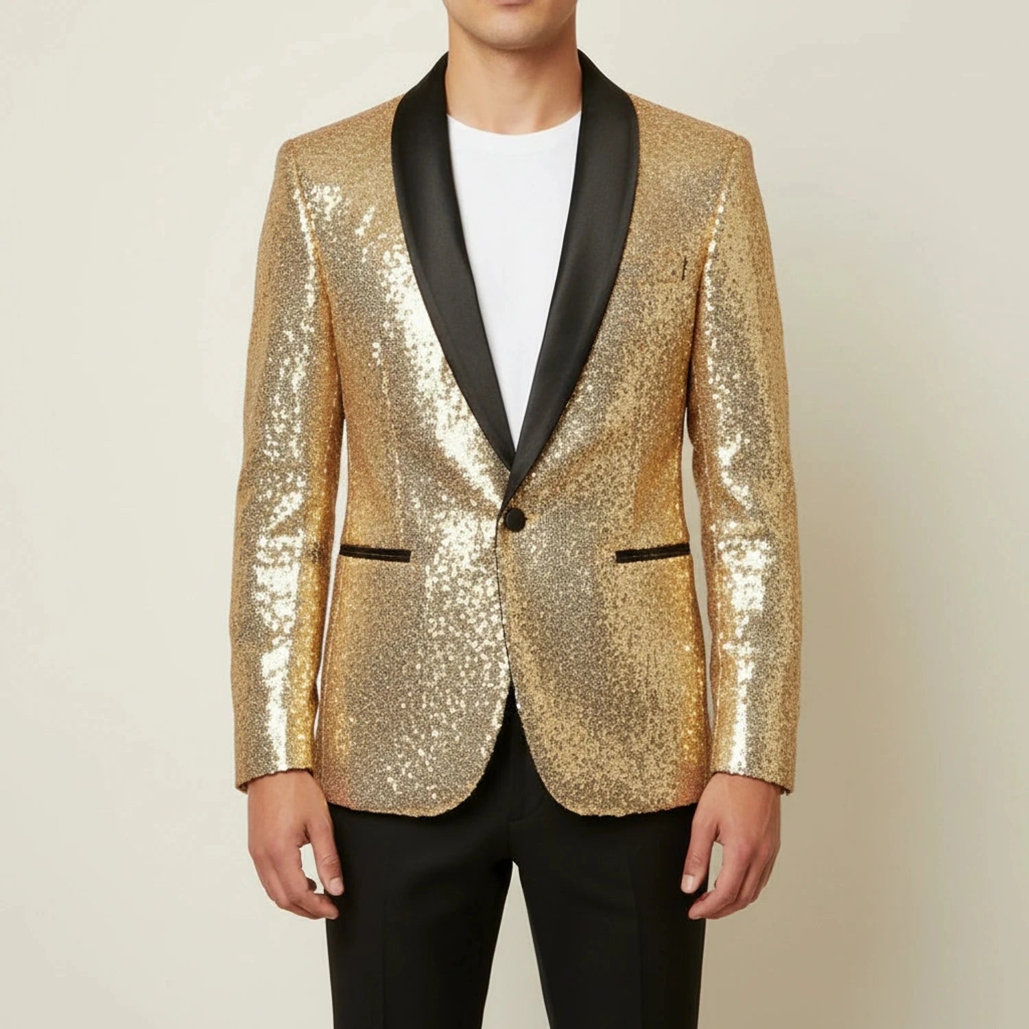 View of a dazzling slim evening blazer in deep navy blue, featuring a sleek silhouette and subtle sheen