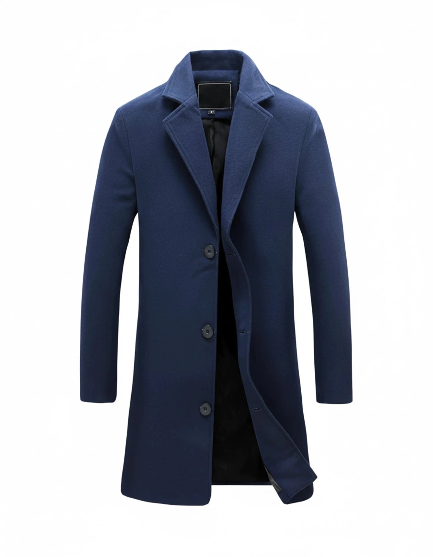 View of a classic formal overcoat in charcoal gray, featuring a tailored fit and elegant lapels