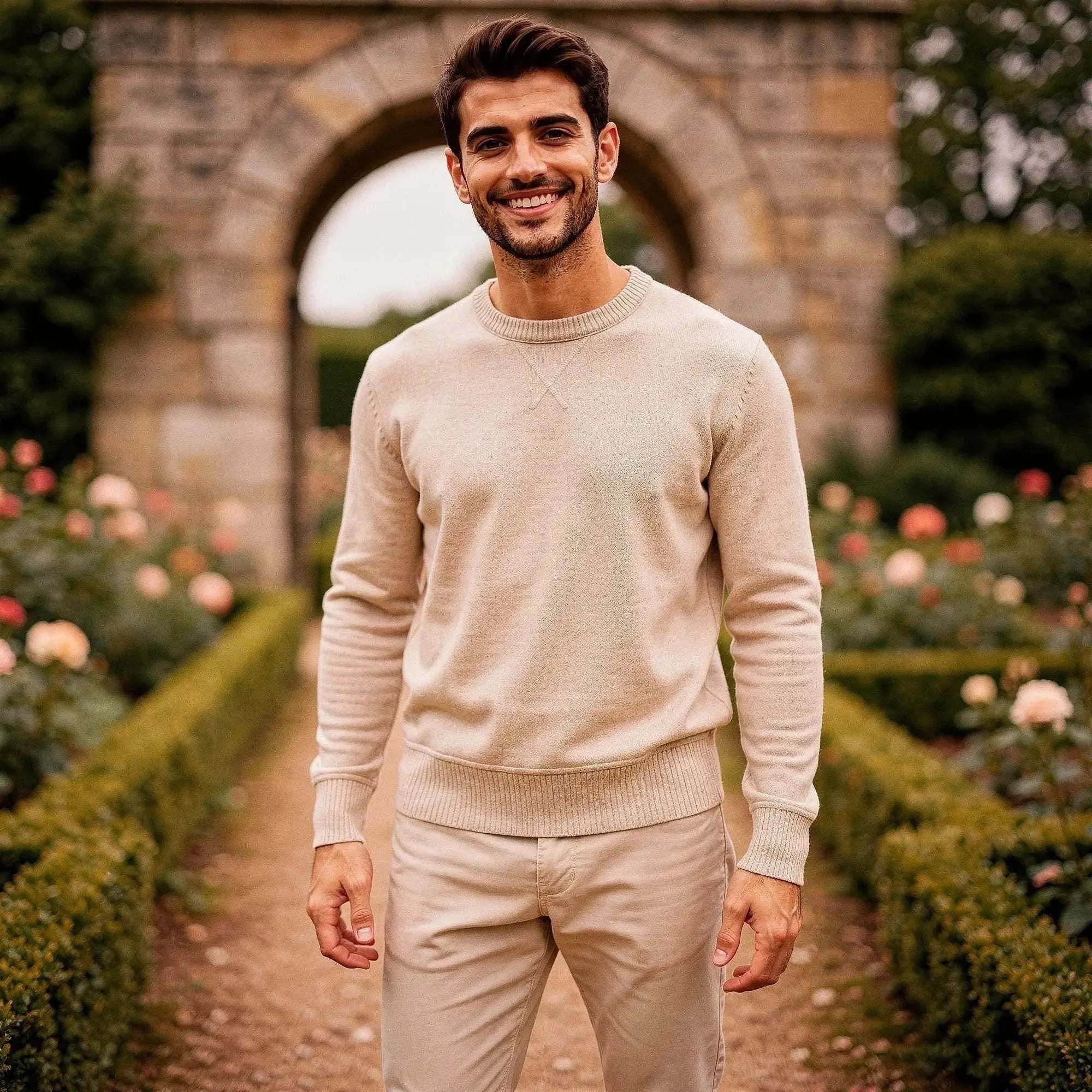 Man wearing a beige long sleeve sweatshirt standing in a garden with a stone archway behind