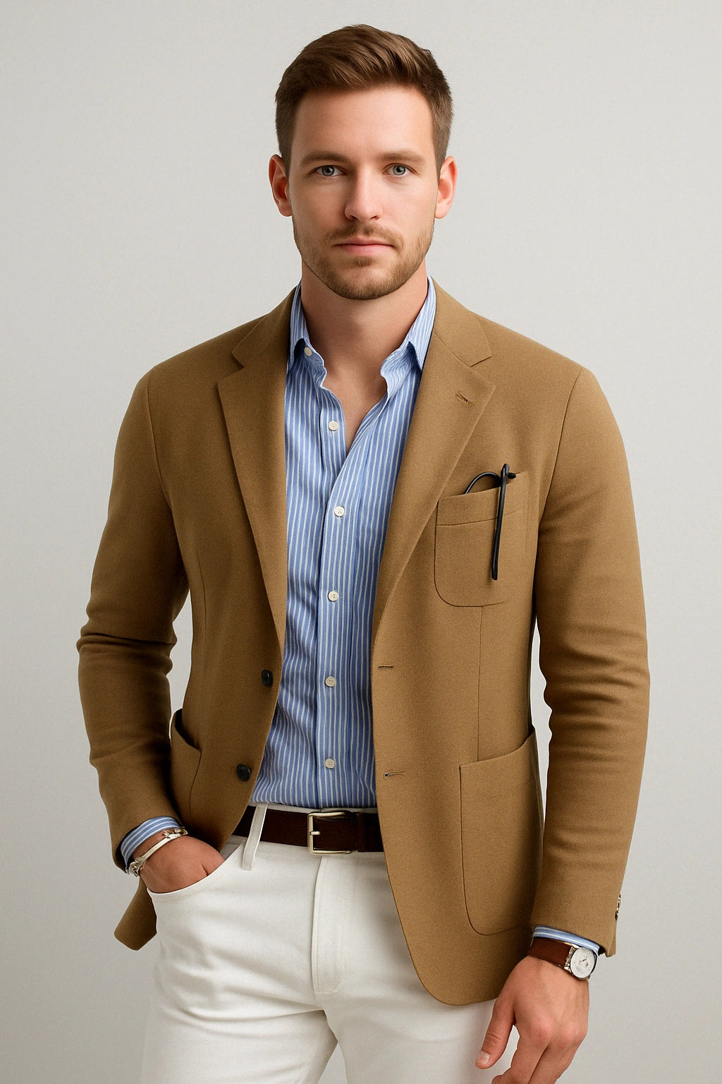View of a polished relaxed blazer in dark gray, featuring a smooth fabric and subtle lapel design