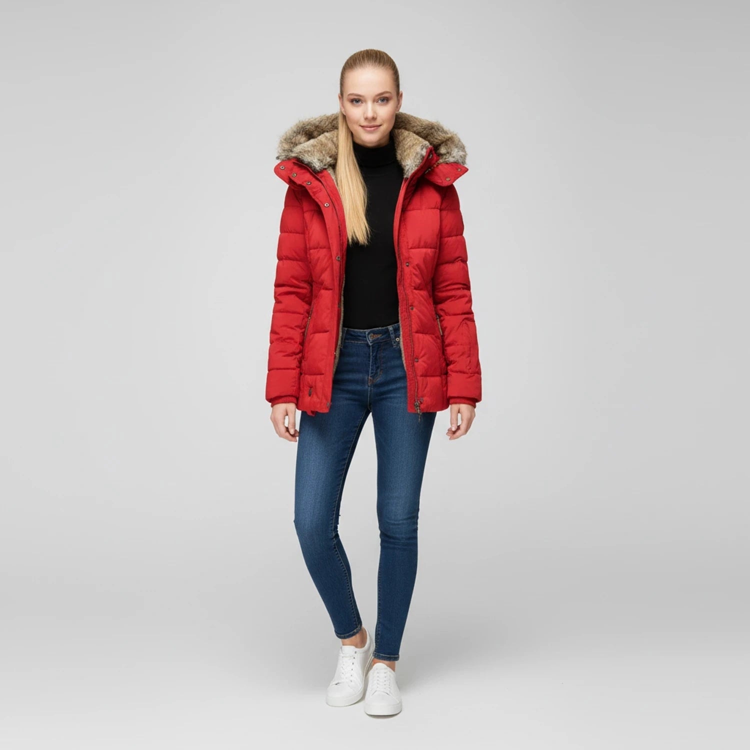 View of a fitted winter puffer jacket in deep green, featuring a high collar and quilted texture