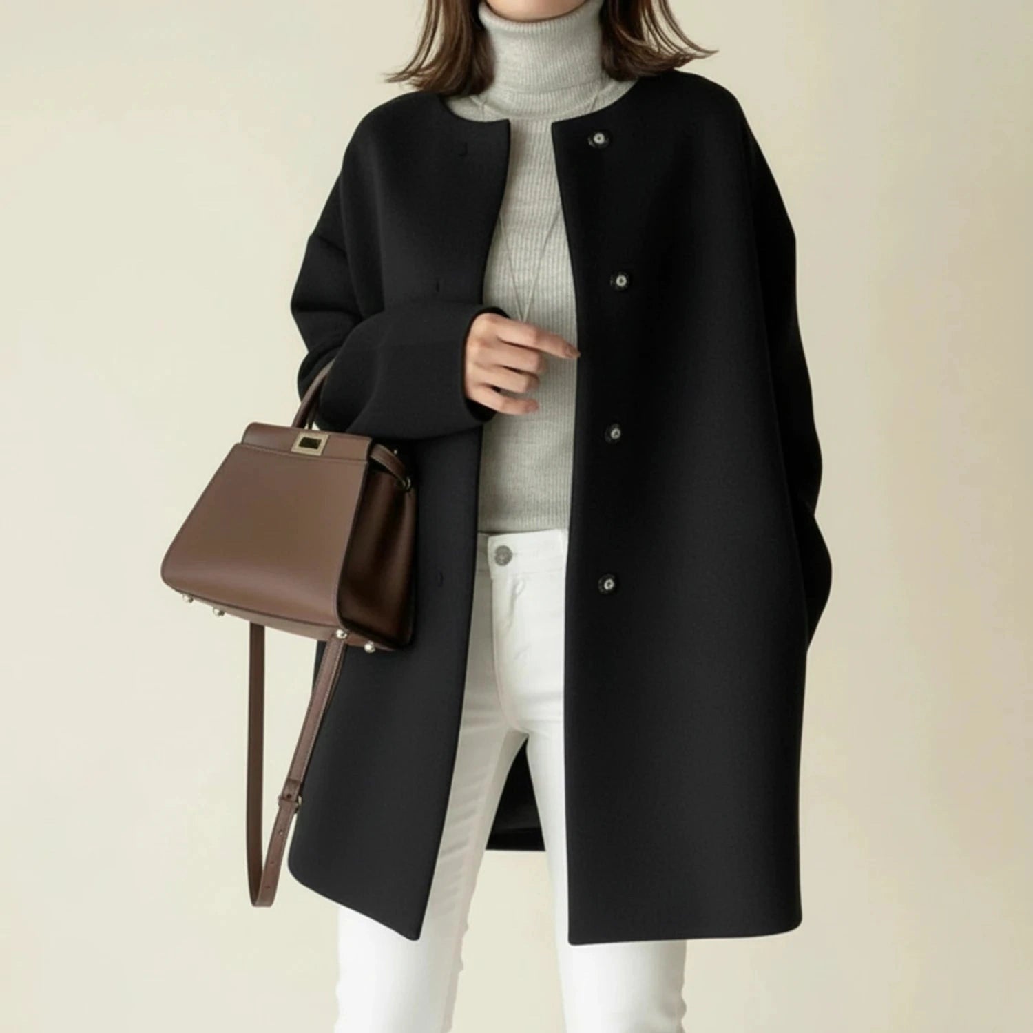 View of a charcoal gray winter coat with a minimalist design, featuring a sleek silhouette and button closure