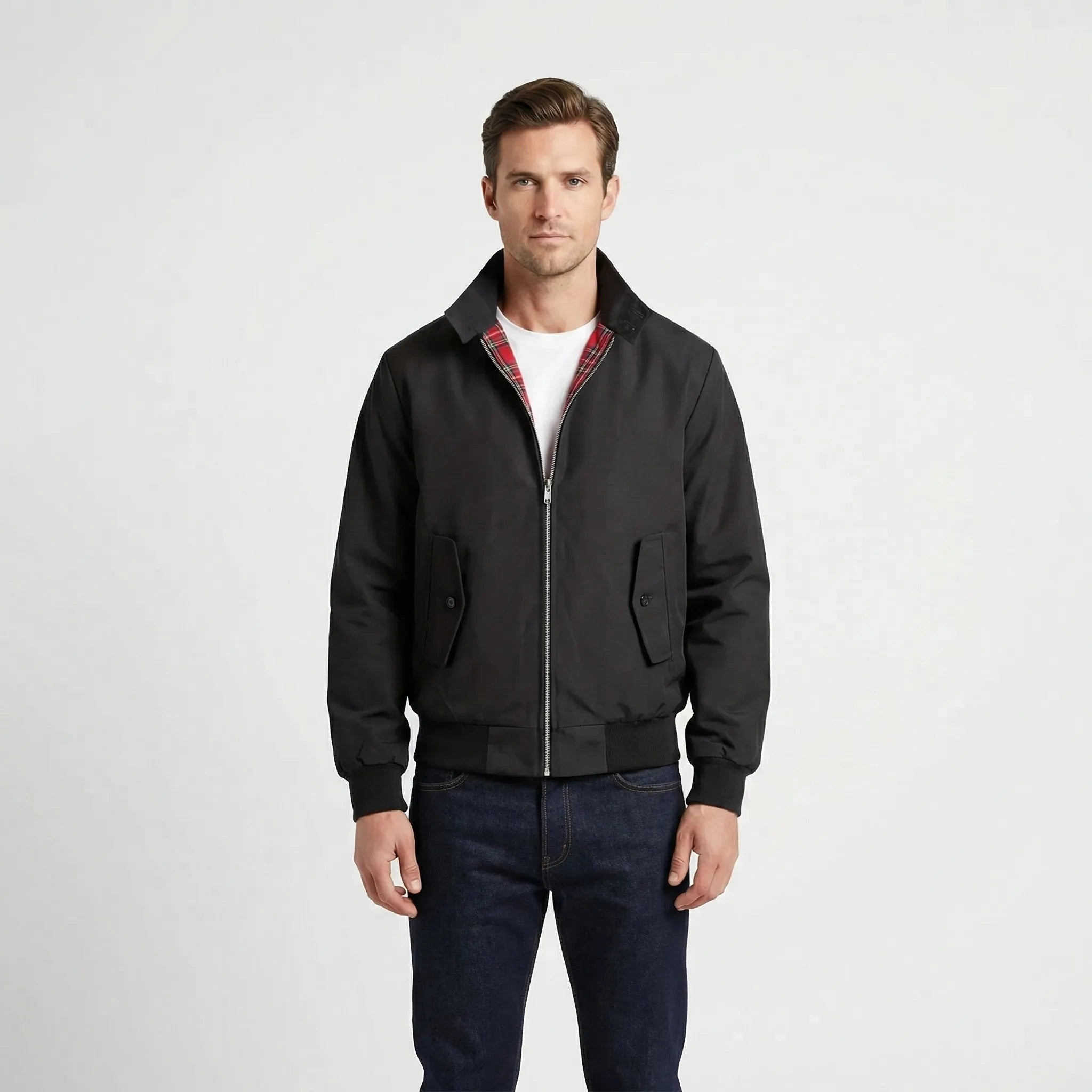 View of a classic winter jacket in deep navy, featuring a textured fabric, sleek silhouette, and subtle stitching accents