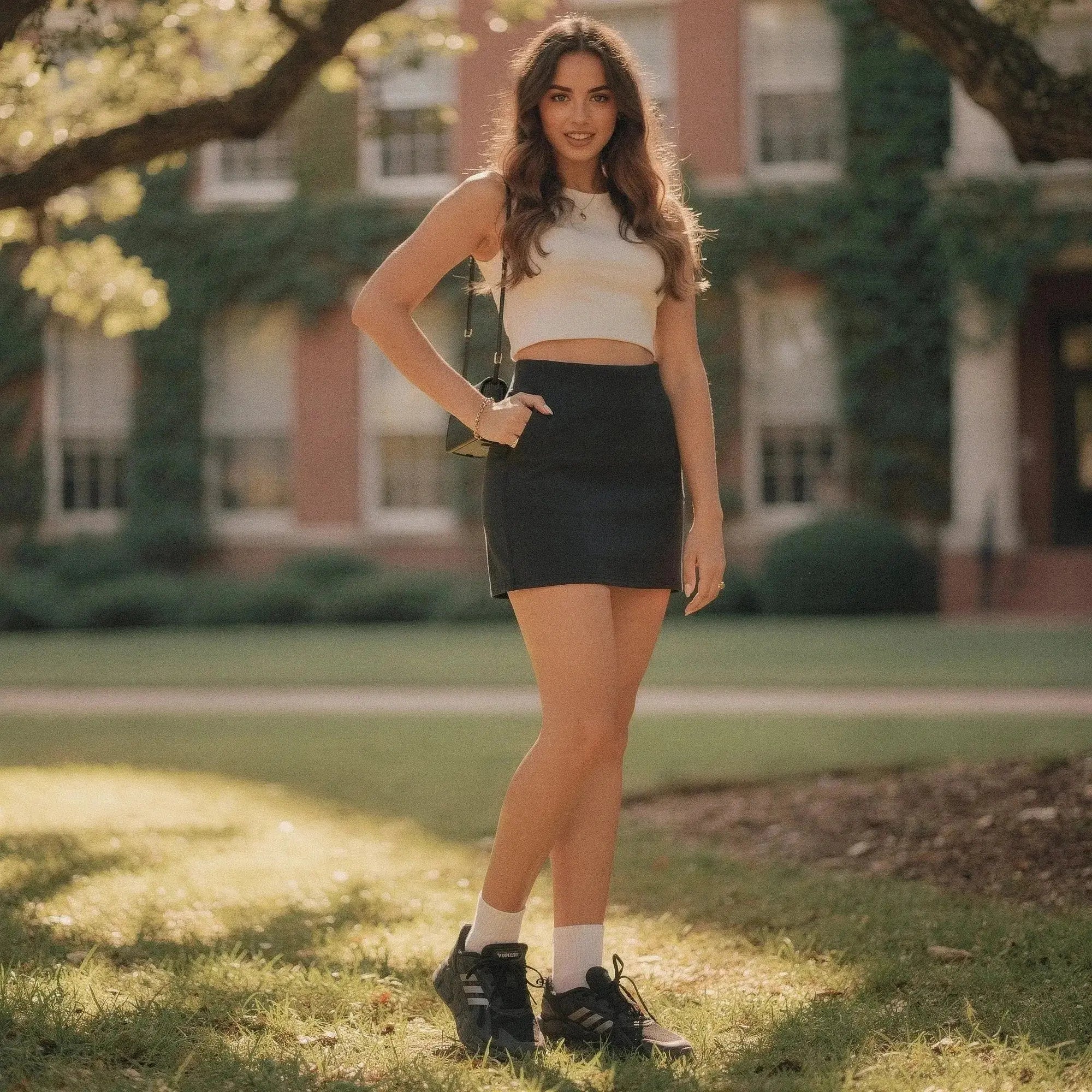 Woman wearing a black A line skirt with pockets, white top, standing outdoors on grass