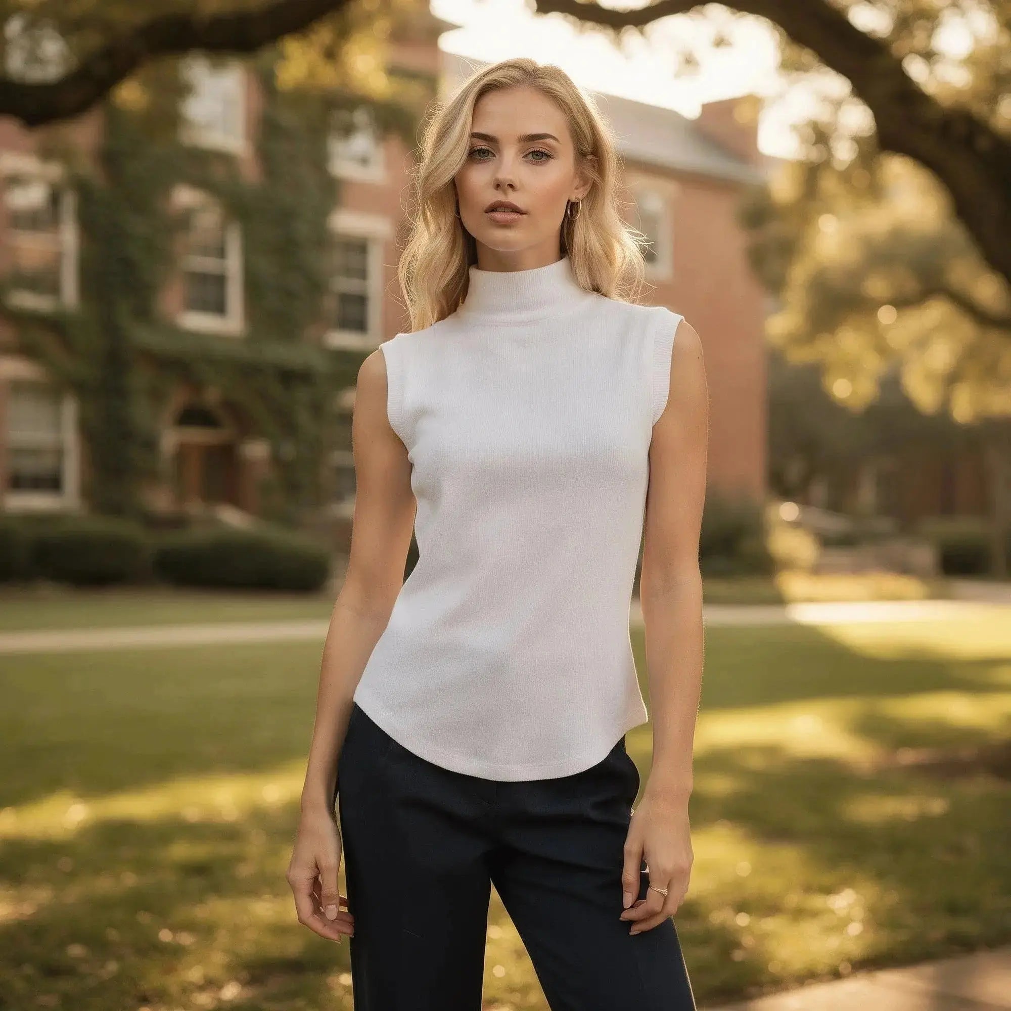 Woman wearing a white sleeveless turtleneck top, standing outdoors with hands soft lighting