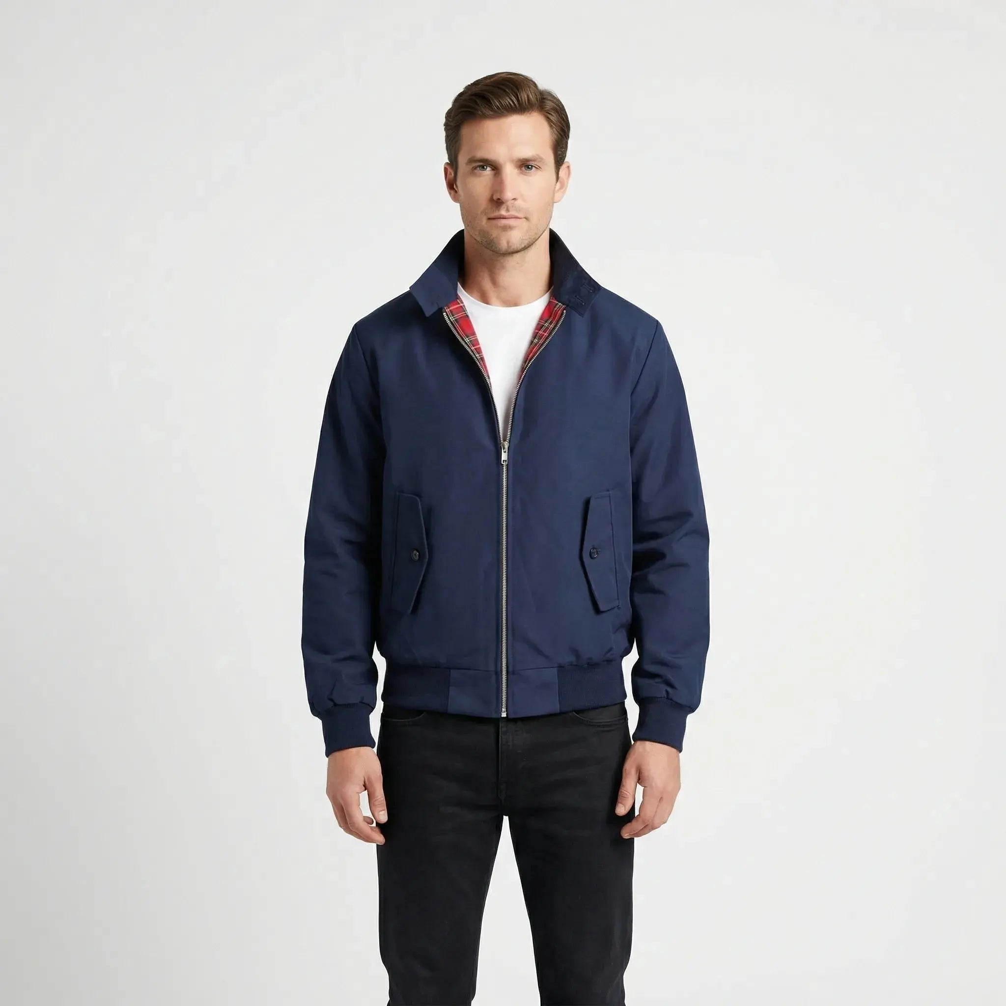 View of a dark gray winter jacket featuring a high collar, buttoned , and textured fabric