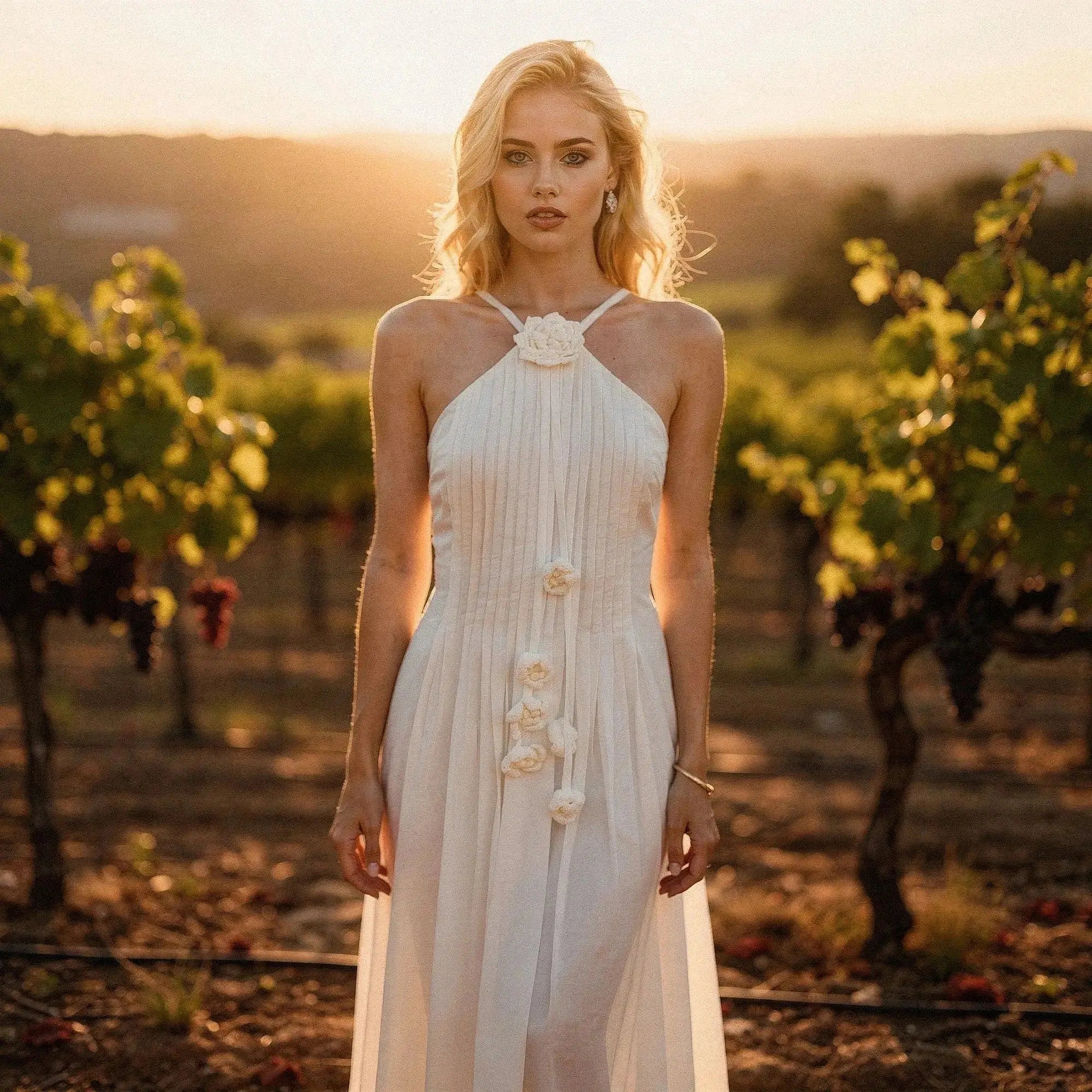 Woman wearing a white halter maxi dress with floral details, standing in a vineyard at sunset