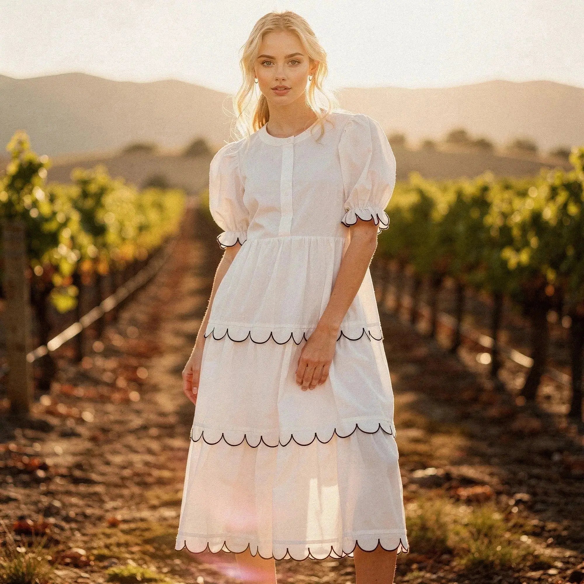 Woman wearing a white A line midi dress with scalloped edges, standing in a vineyard at sunset