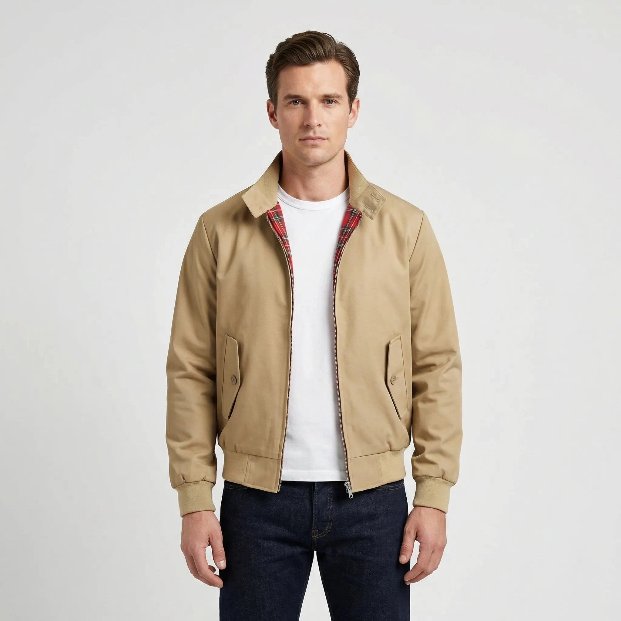 View of a dark gray winter jacket featuring a high collar, buttoned , and textured fabric