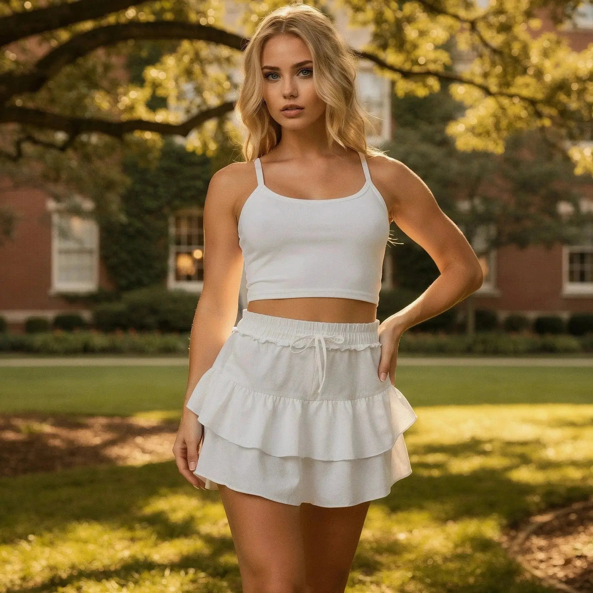 Woman wearing a white ruffle mini skirt with shorts, white crop top, standing outdoors in sunlight