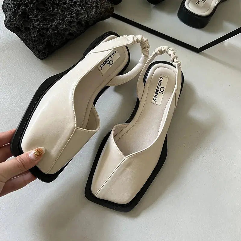 Light beige summer slingback shoes featuring a soft fabric upper, open toe design, and adjustable ankle strap, detailed view