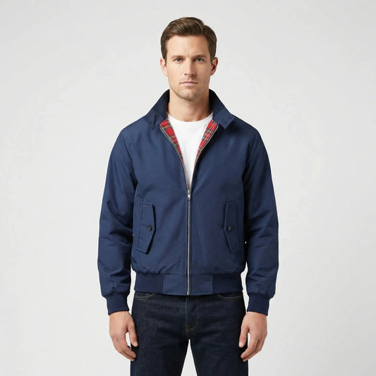 View of a tailored men's winter jacket in dark gray, featuring a classic collar and a sleek, minimalist design