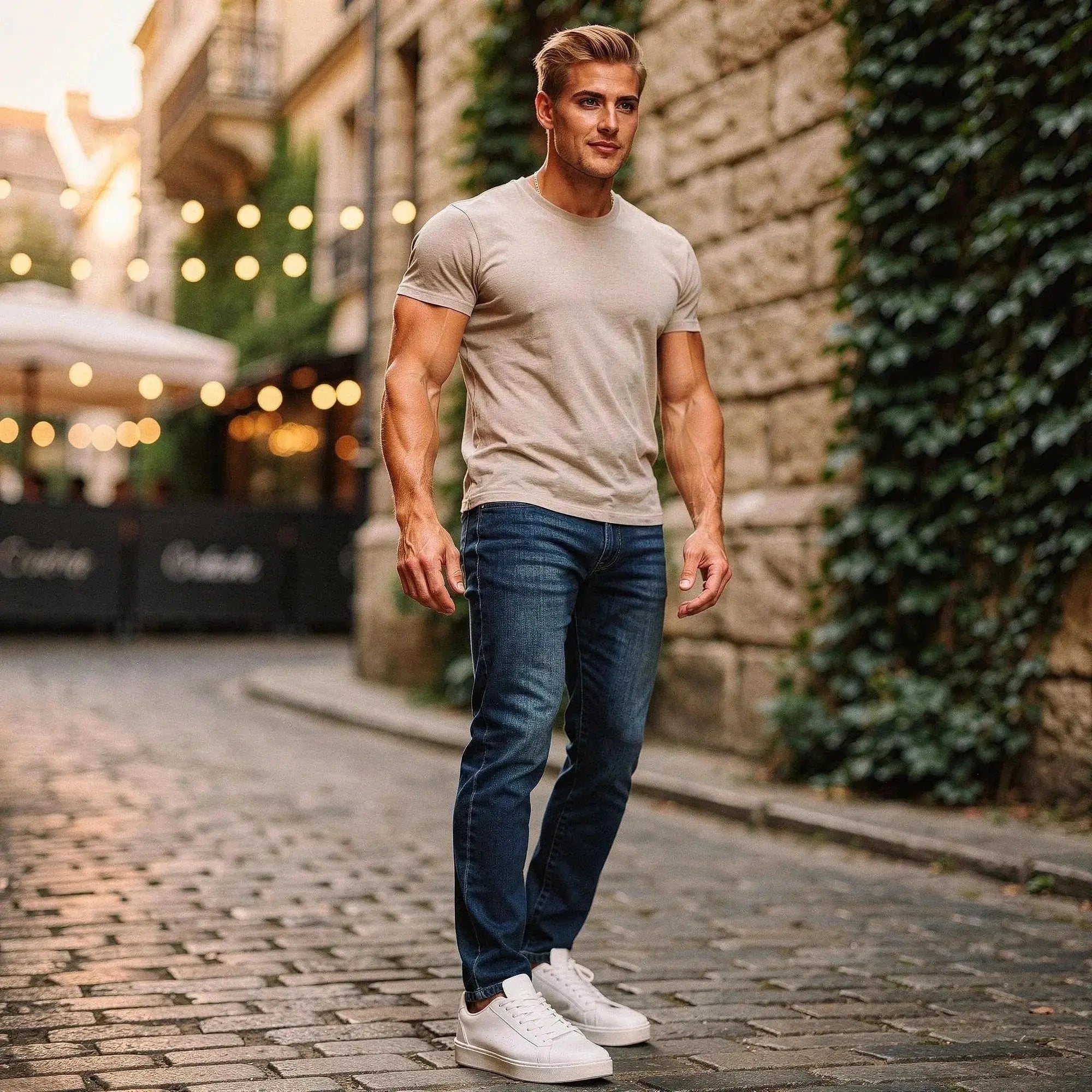 Man wearing blue jeans and beige t shirt stands on cobblestone street, surrounded