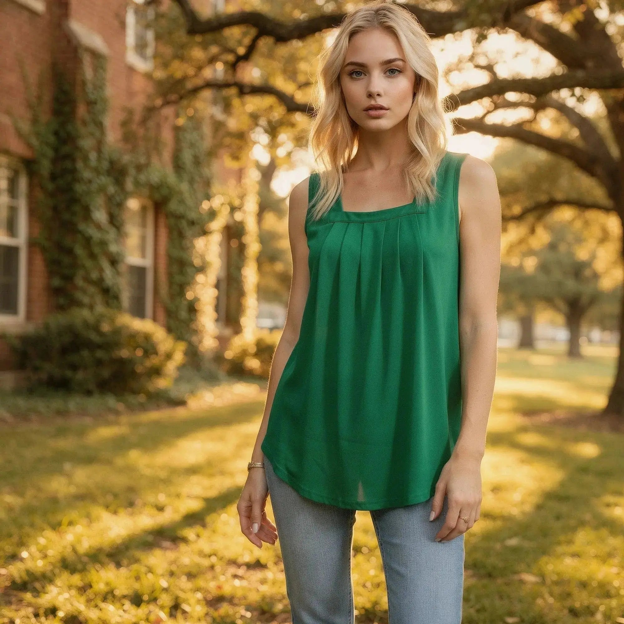Woman wearing a green sleeveless top with pleats, standing outdoors in of trees and building