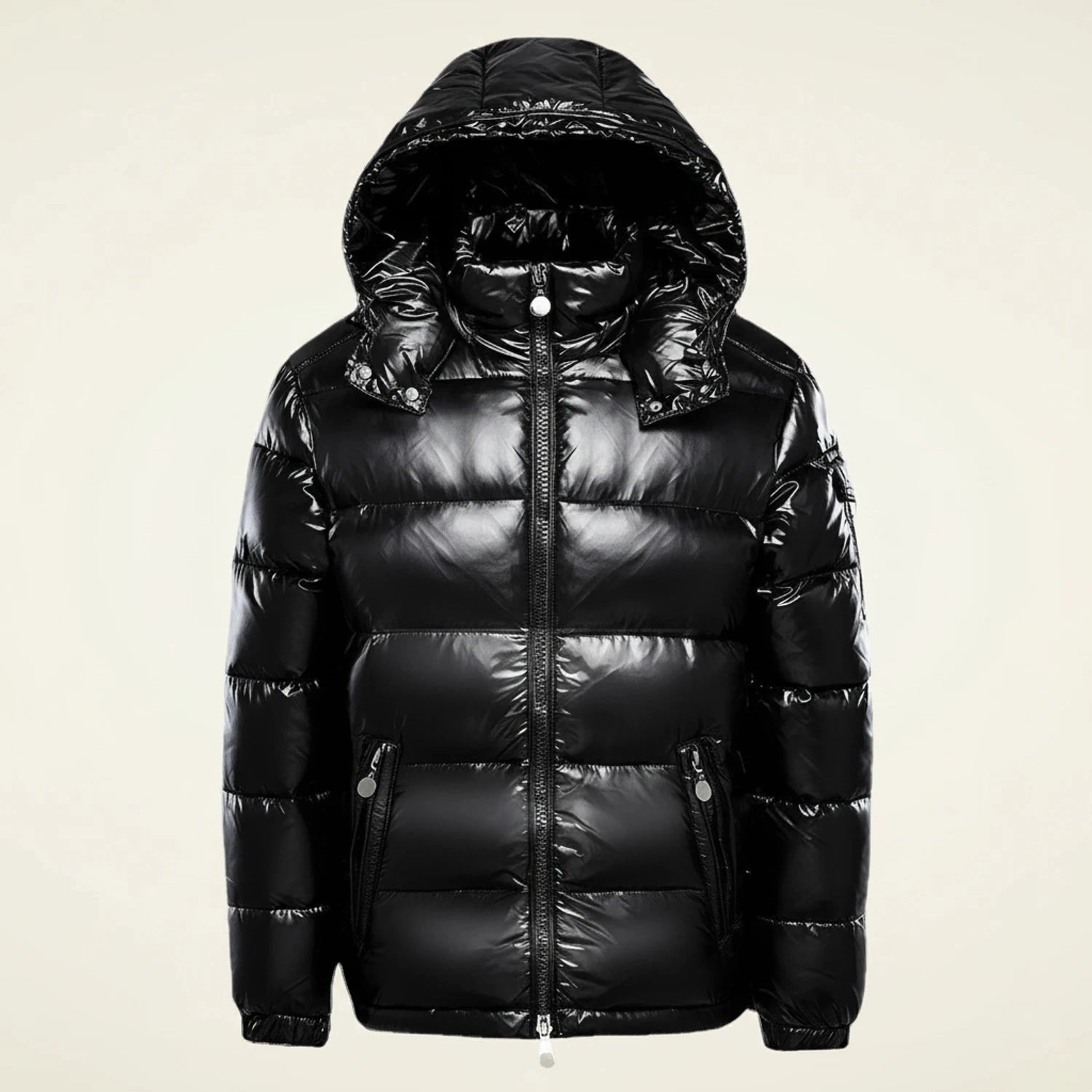 View of a stylish quilted winter puffer jacket in dark gray, featuring a high collar and zippered pockets