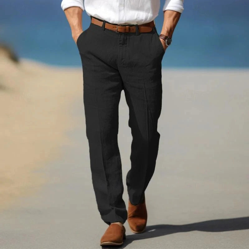 View of refined versatile dress pants in charcoal gray, featuring a smooth fabric and tailored fit