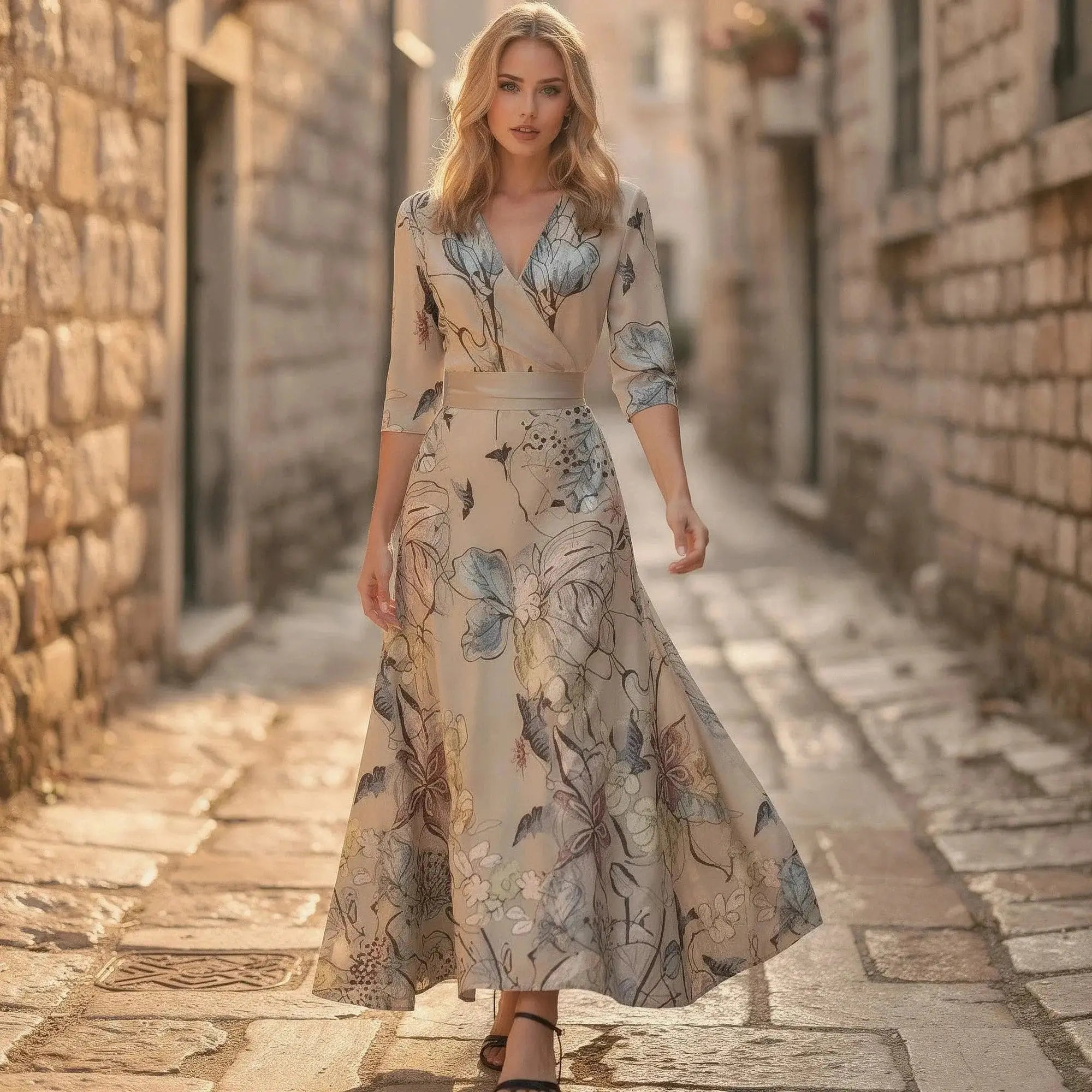 Woman wearing a flowy V neck maxi dress with floral pattern, walking down a cobblestone alley