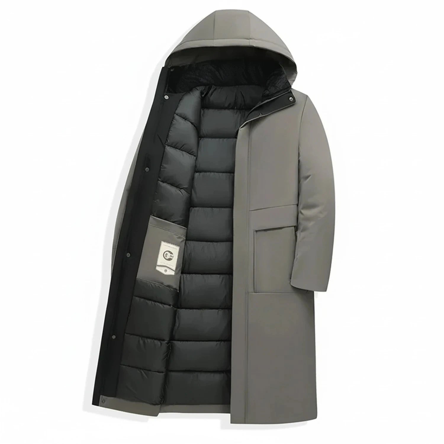 View of a modern insulated winter parka in dark green, featuring a zippered , adjustable hood, and multiple pockets