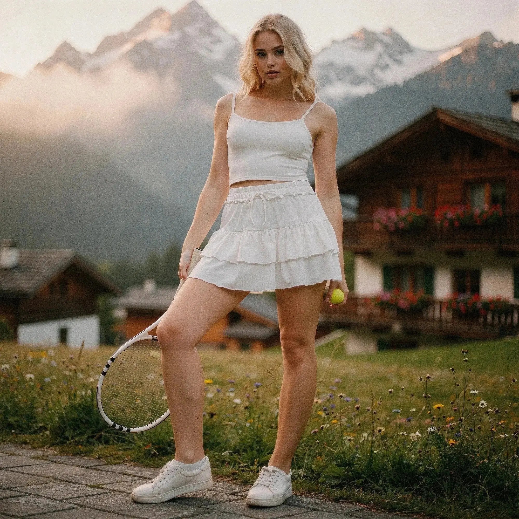Woman wearing white ruffle mini skirt with shorts, holding tennis racket and ball, standing outdoors