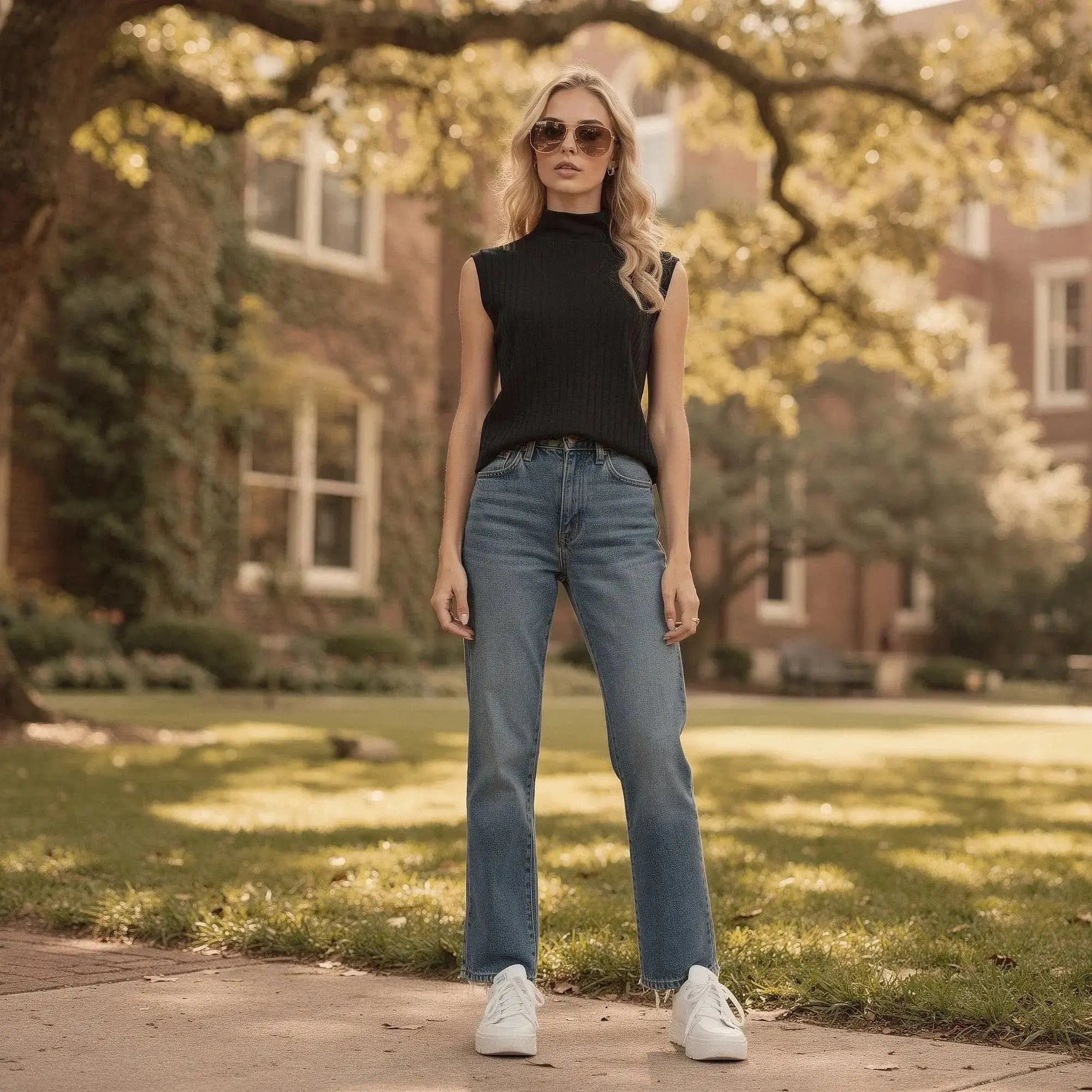 Woman wearing black sleeveless turtleneck top, blue jeans, and white sneakers, standing outdoors in sunlight