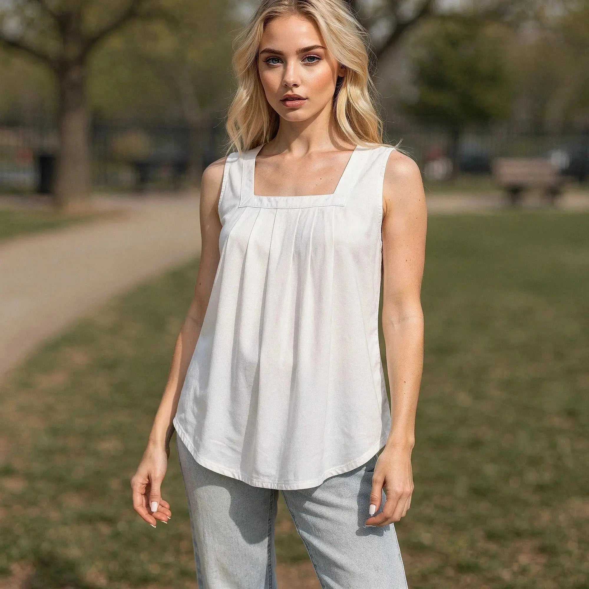 Woman wearing white sleeveless top with square neckline, standing outdoors, hands