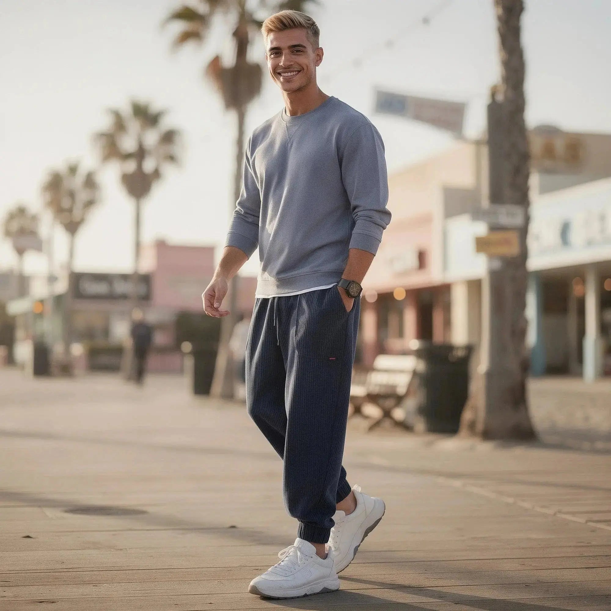 Man wearing navy corduroy joggers and gray sweater, standing outdoors on a sunny boardwalk