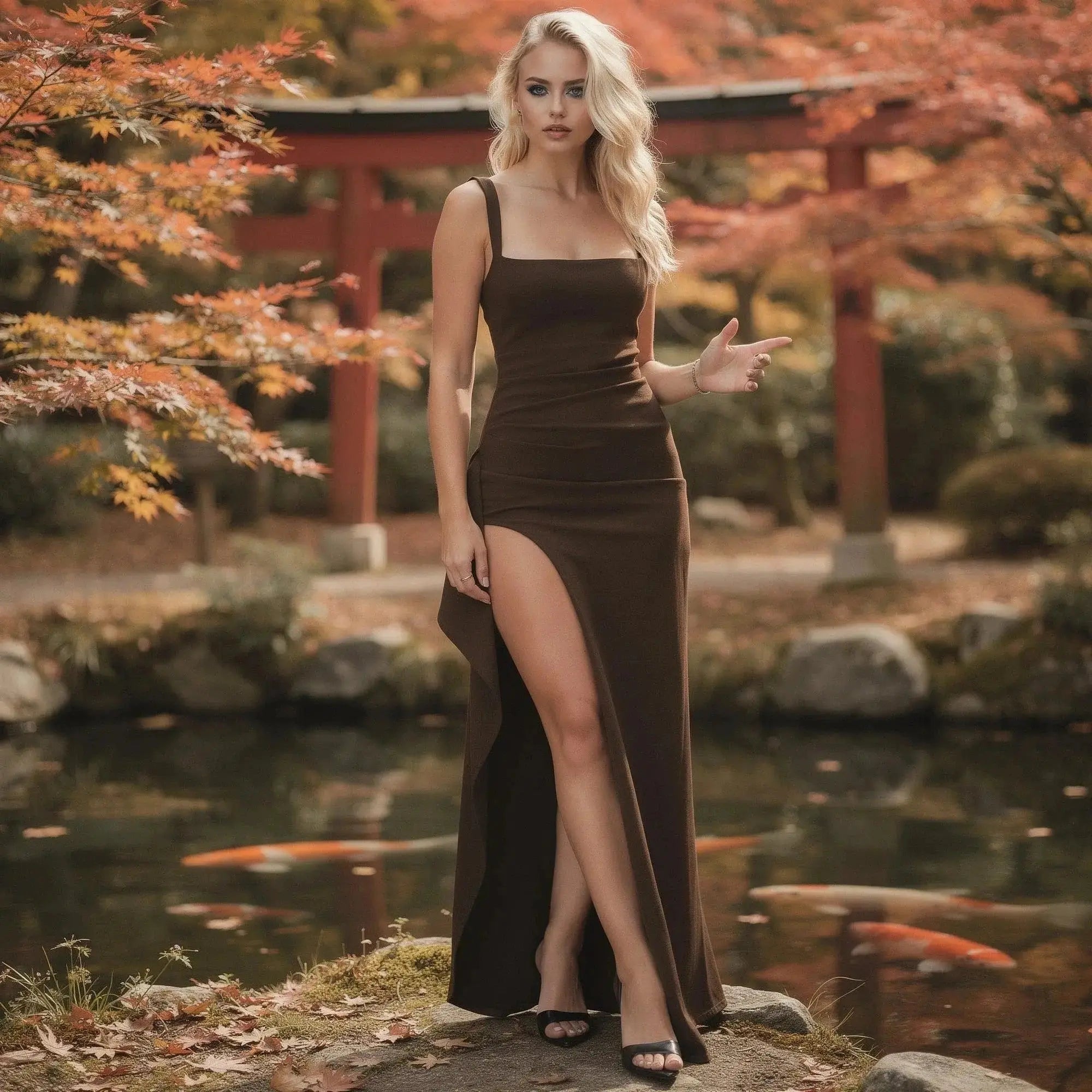 Woman wearing a brown slim fit maxi dress with a high slit, standing near a pond in autumn