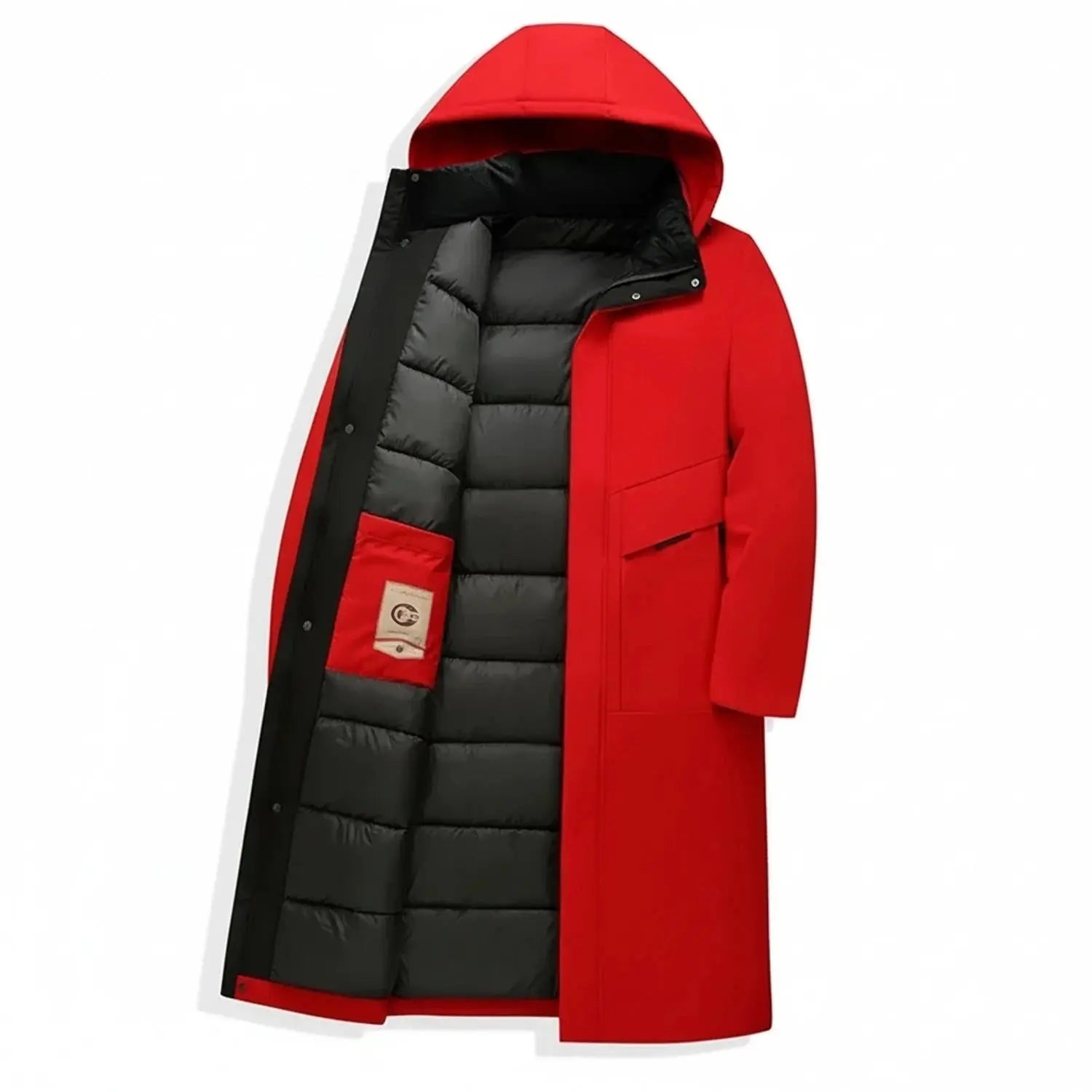 View of a modern insulated winter parka in dark green, featuring a high collar and zippered pockets