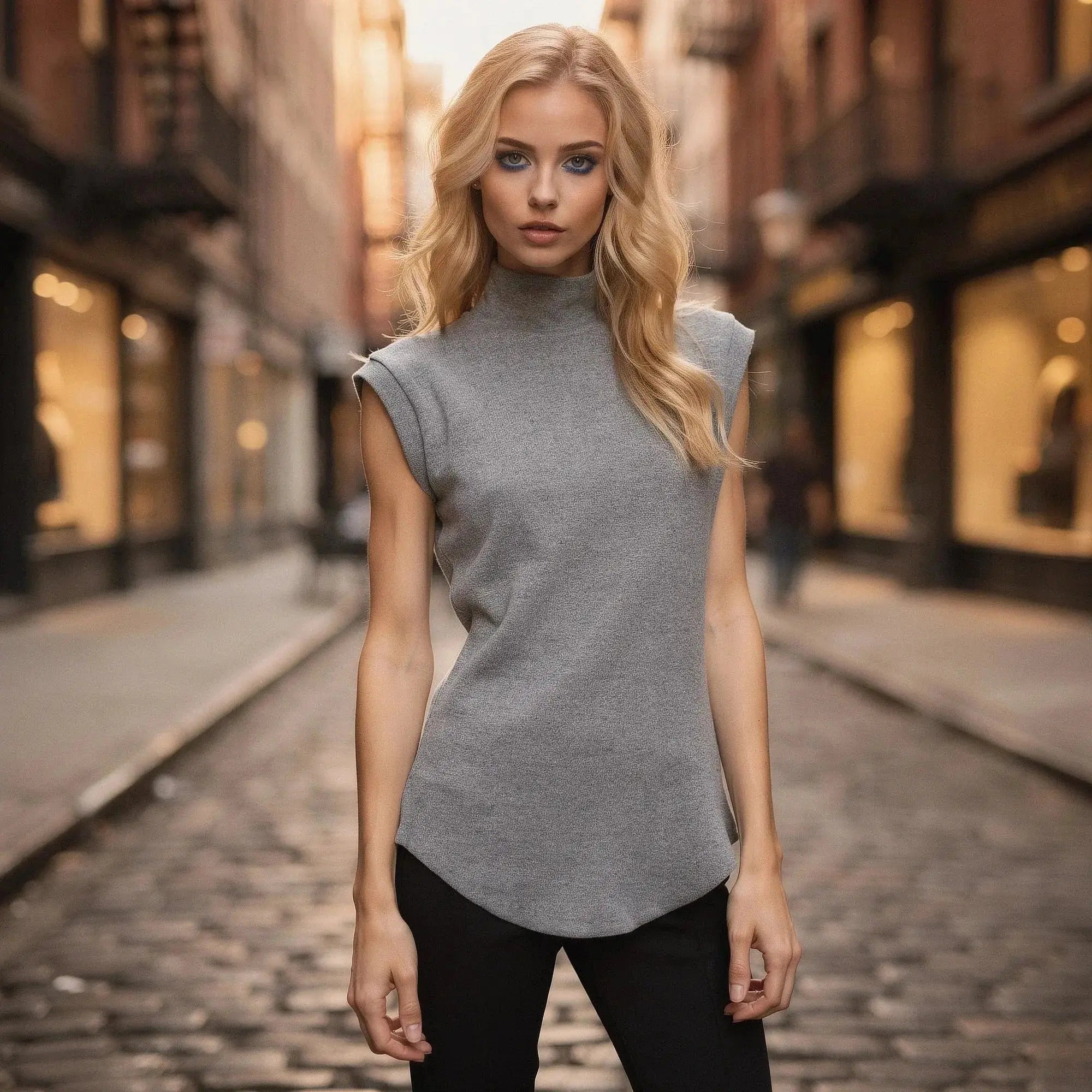 Woman wearing a gray sleeveless turtleneck top, standing on a cobblestone street, hands