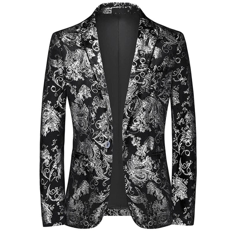 View of a modern tailored blazer in deep navy, featuring a sleek silhouette and subtle textured fabric