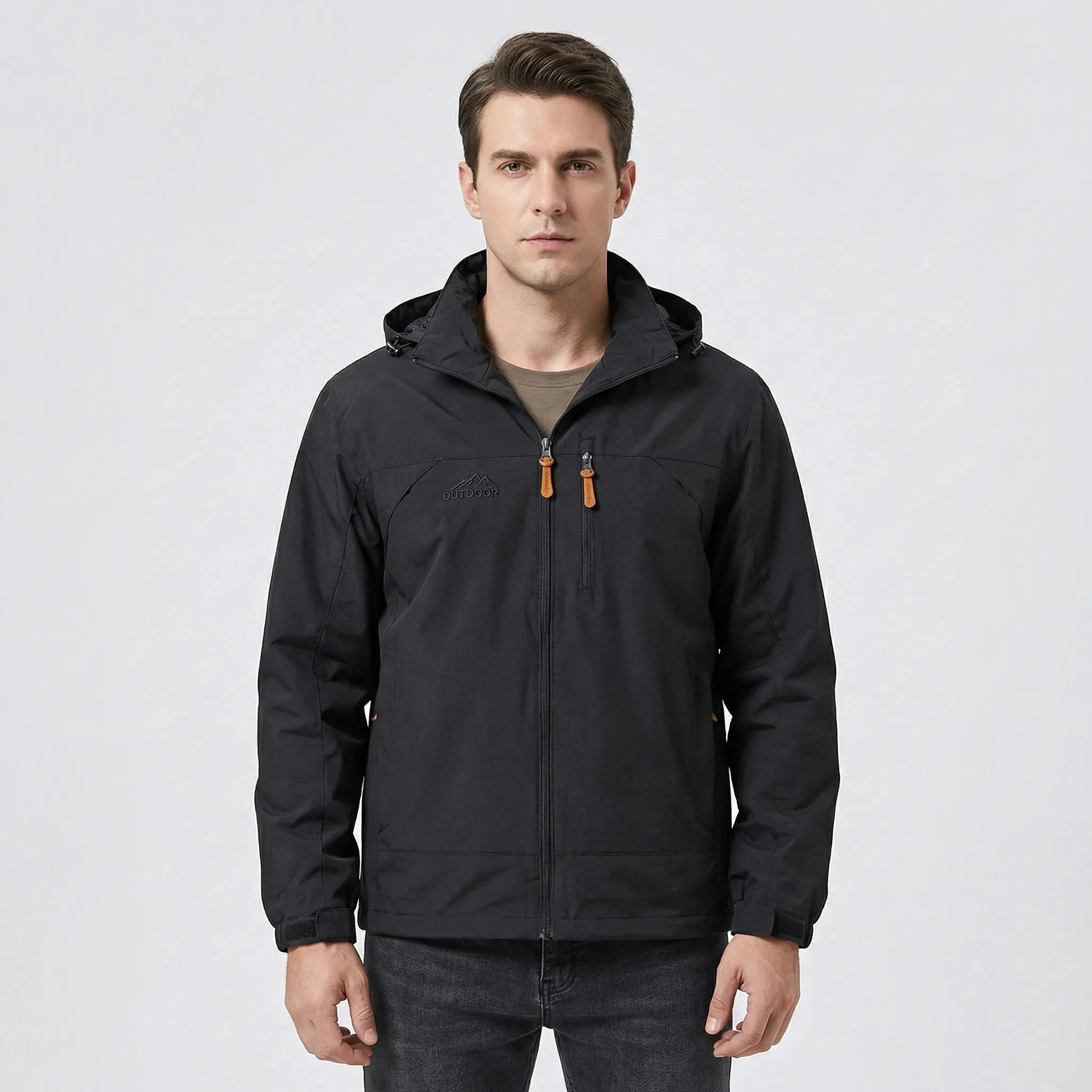View of a water repellent outdoor jacket in dark green, featuring a high collar and zippered pockets