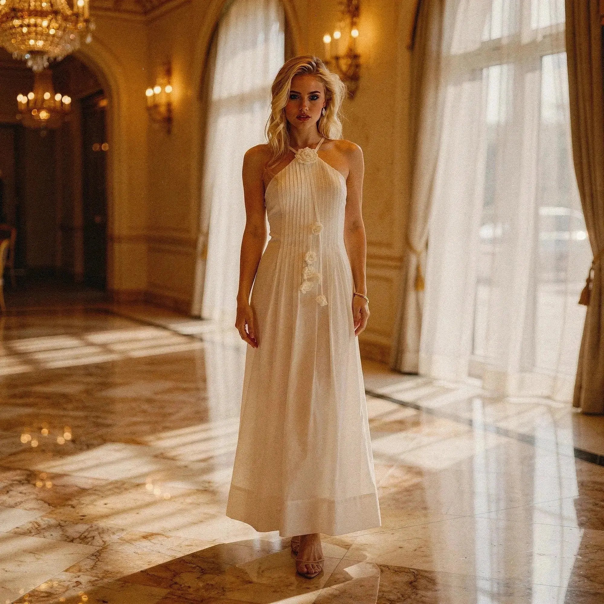 Woman wearing an elegant white halter maxi dress with floral details, standing in a luxurious room
