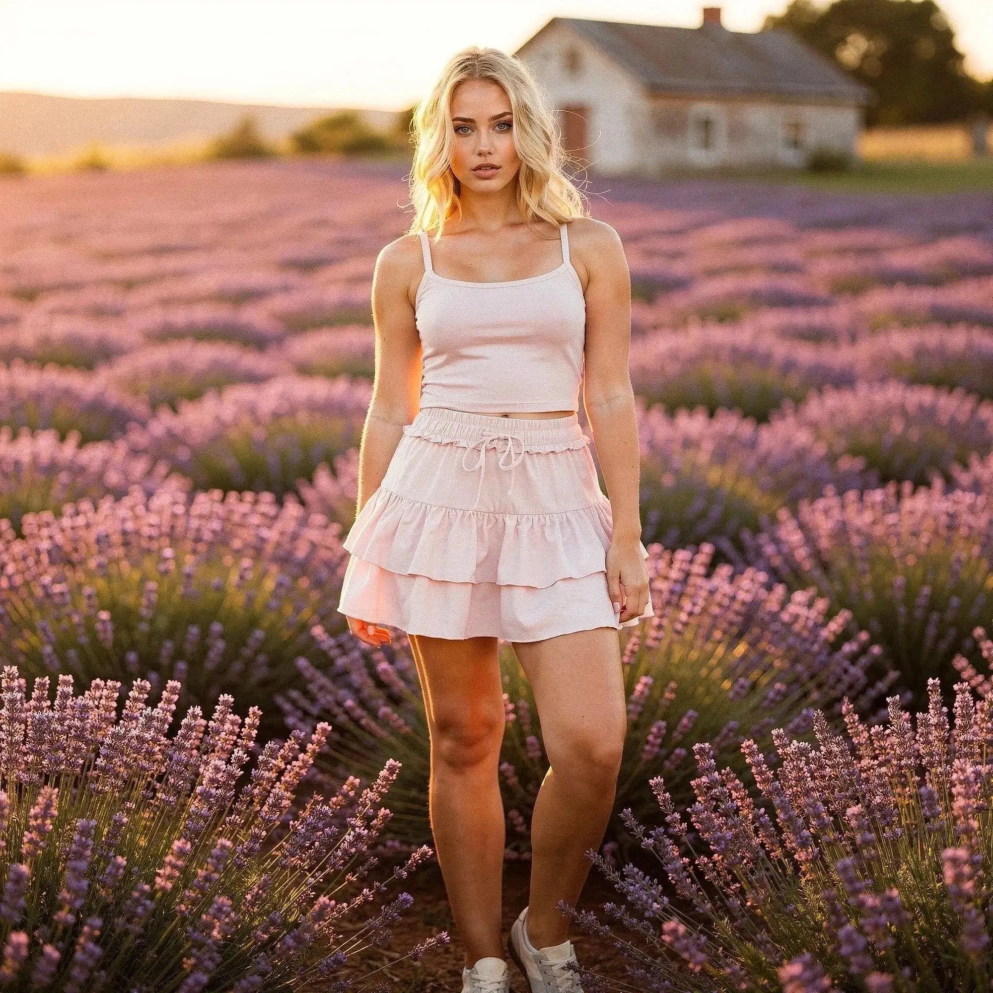 Woman wearing light pink ruffle mini skirt with shorts, standing in lavender field at sunset