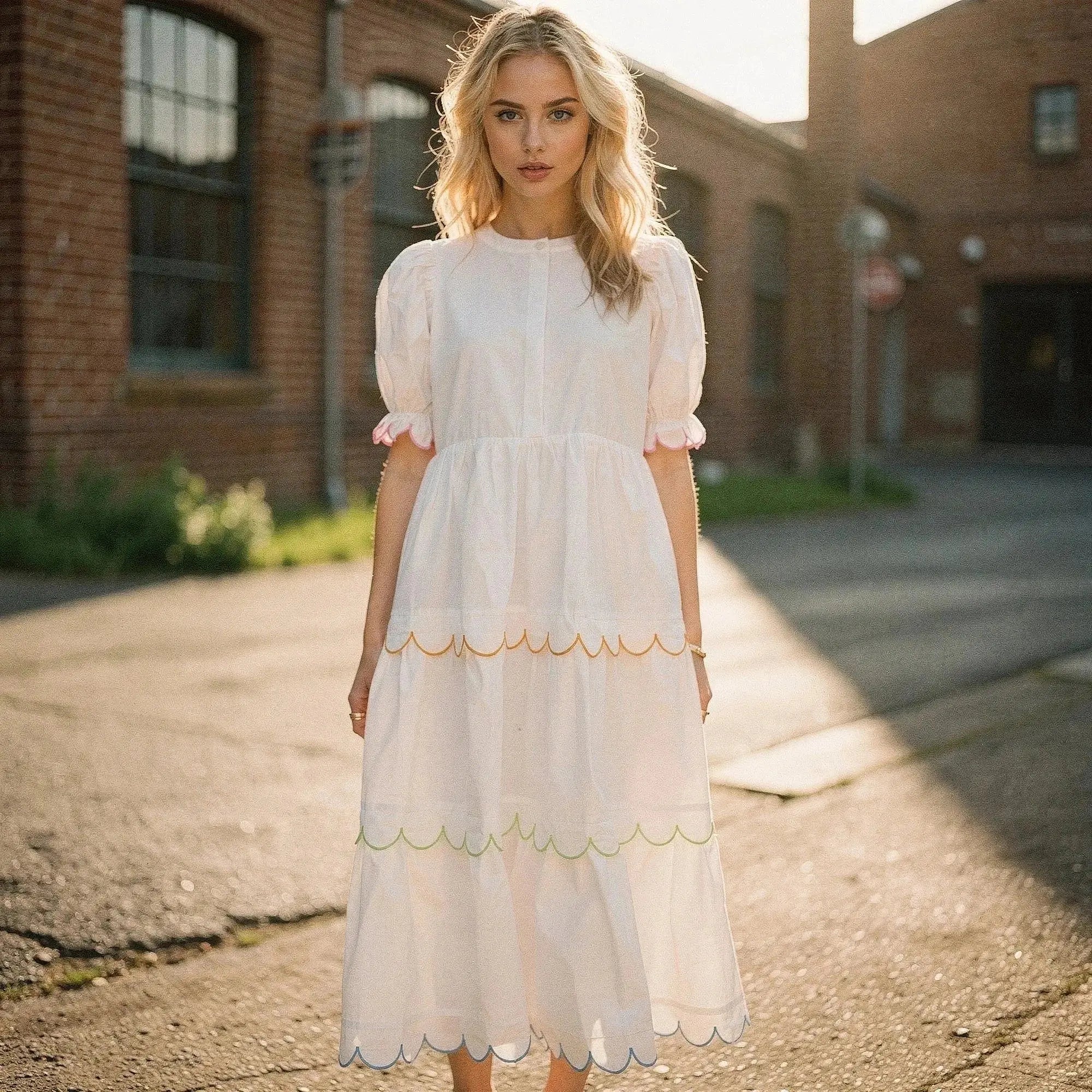 Woman wearing white A line midi dress with colorful scalloped hem, standing outdoors in sunlight