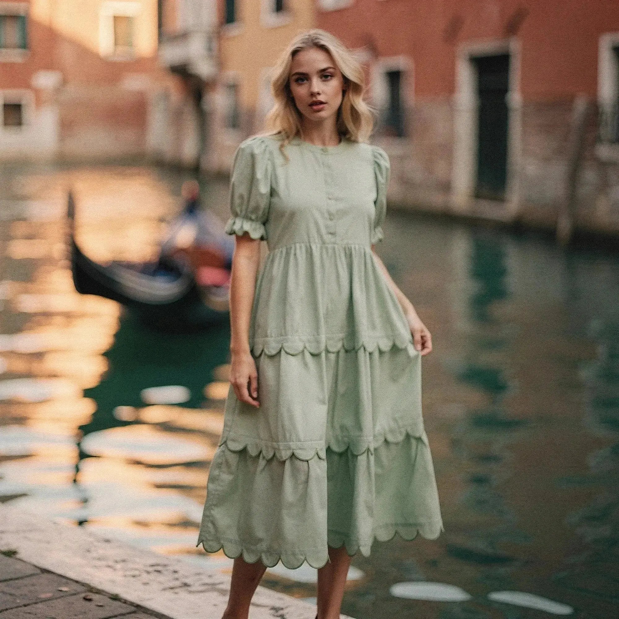 Woman wearing light green A line midi dress with puff sleeves, standing near canal with gondola