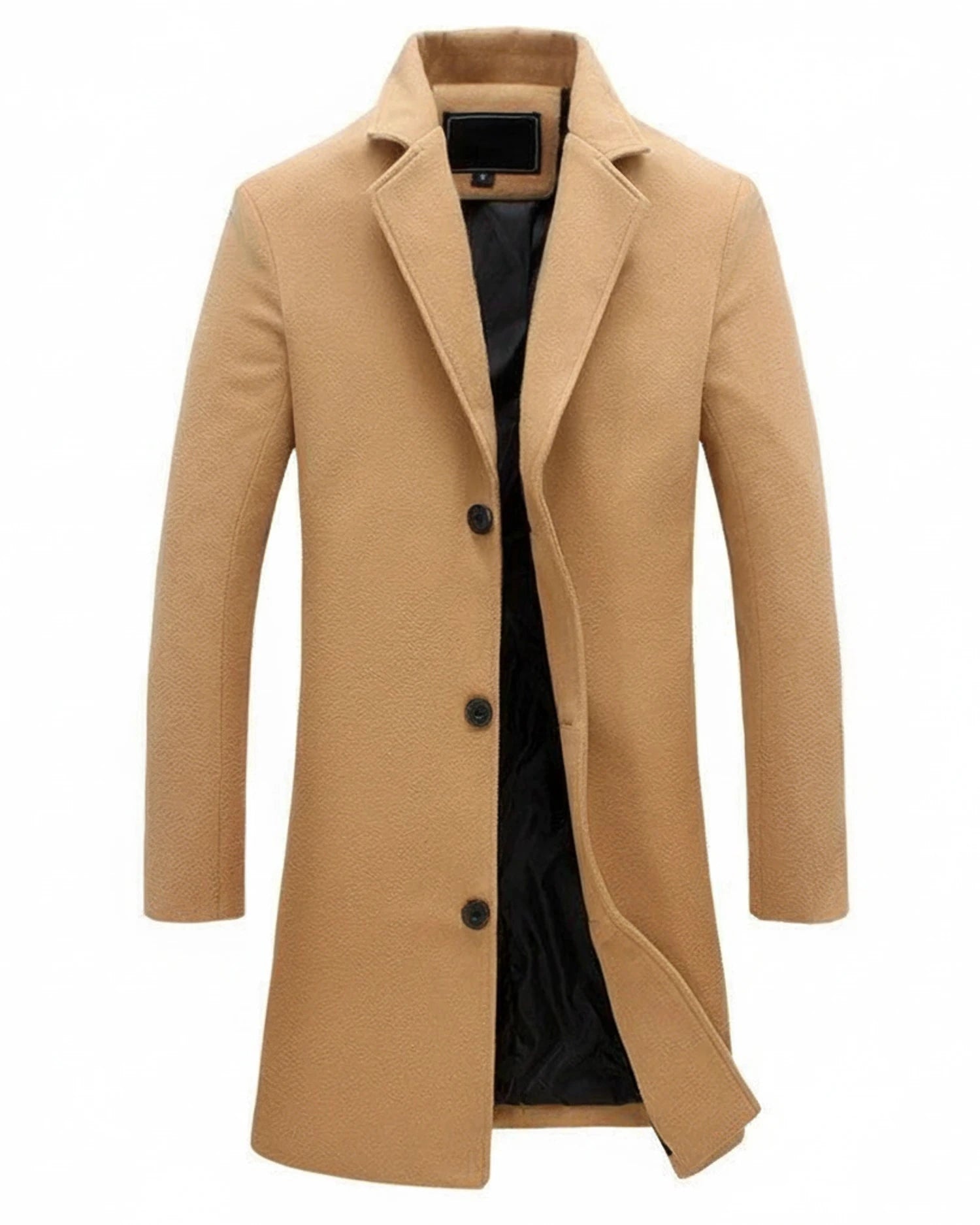 View of a classic formal overcoat in charcoal gray wool, featuring a notched collar and button closure