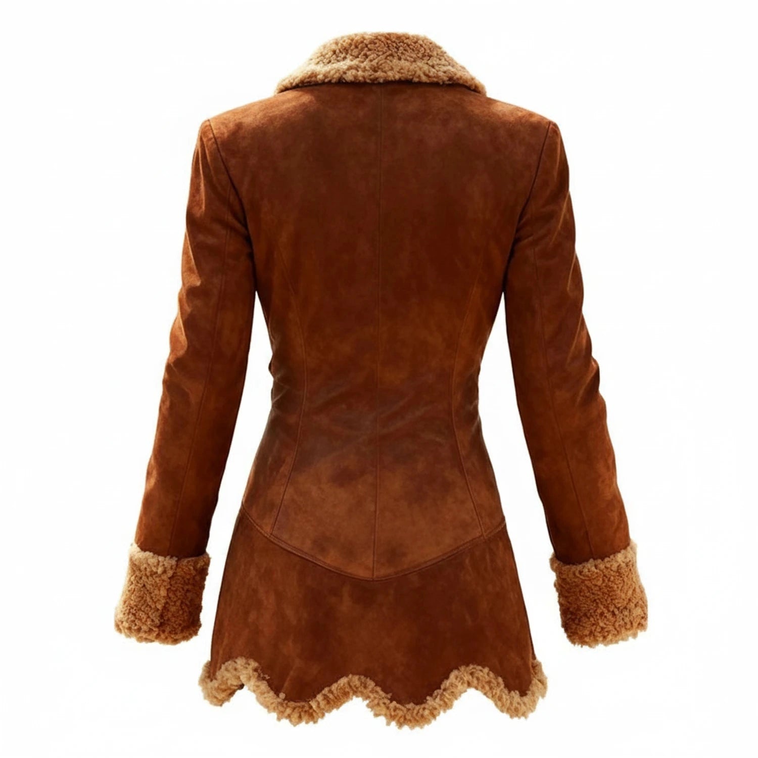 View of a fitted winter coat in rich burgundy, featuring a cinched waist and soft, textured fabric