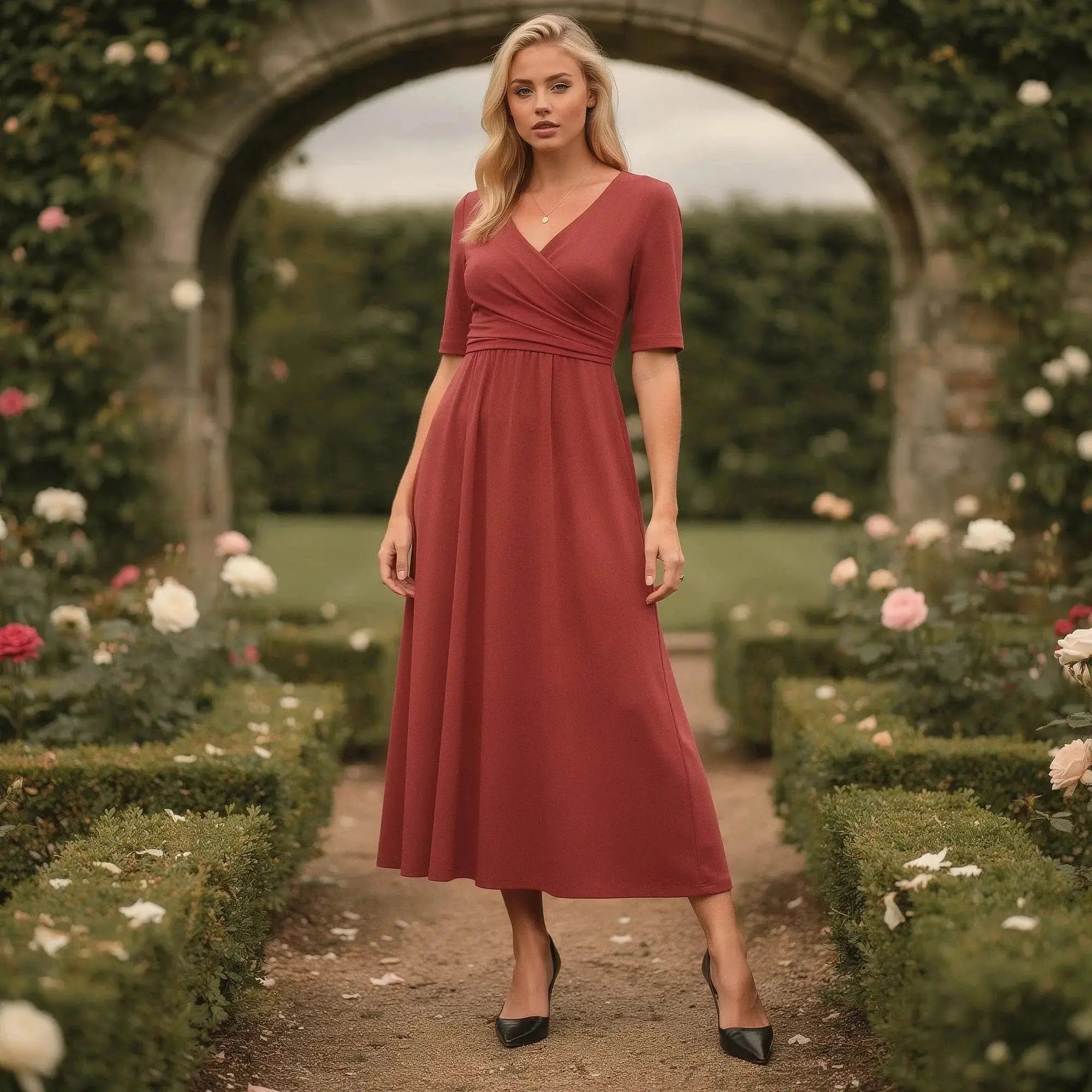 Woman wearing a rust colored midi dress with short sleeves, standing in a garden path, facing forward