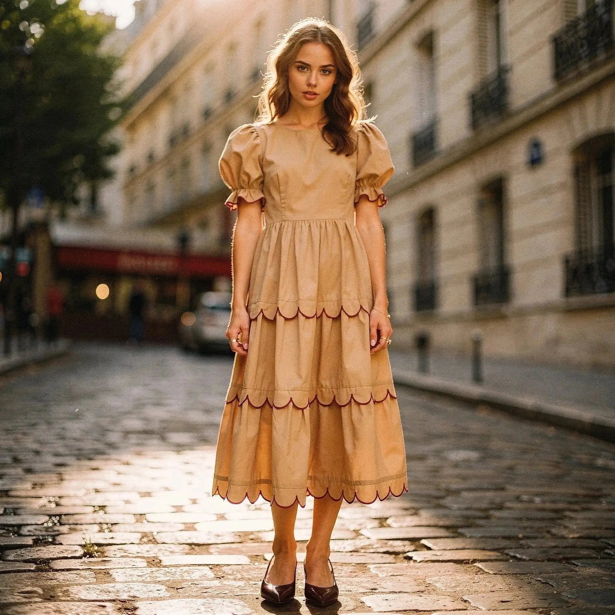 Woman wearing beige A line midi dress with puff sleeves and scalloped hem, standing on cobblestone street