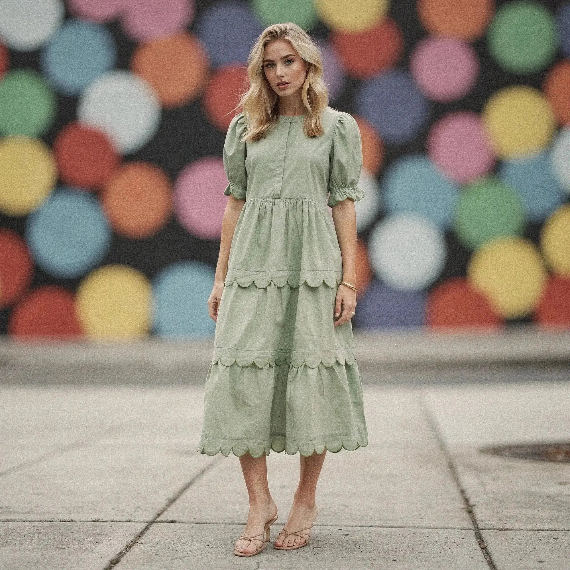 Woman wearing a light green A line midi dress with scalloped hem, standing against colorful polka dot background