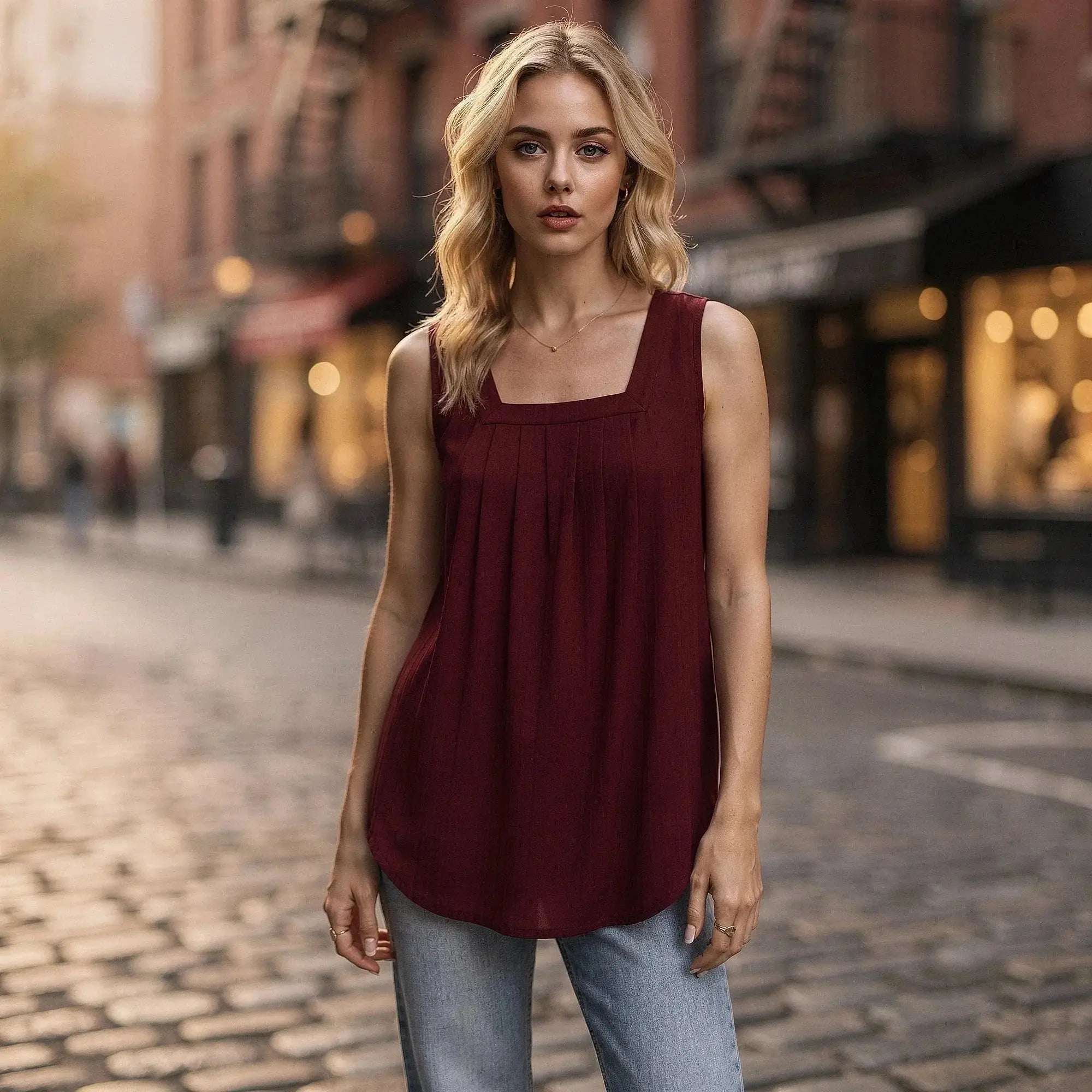 Woman wearing a sleeveless burgundy top with square neckline, standing on a cobblestone street