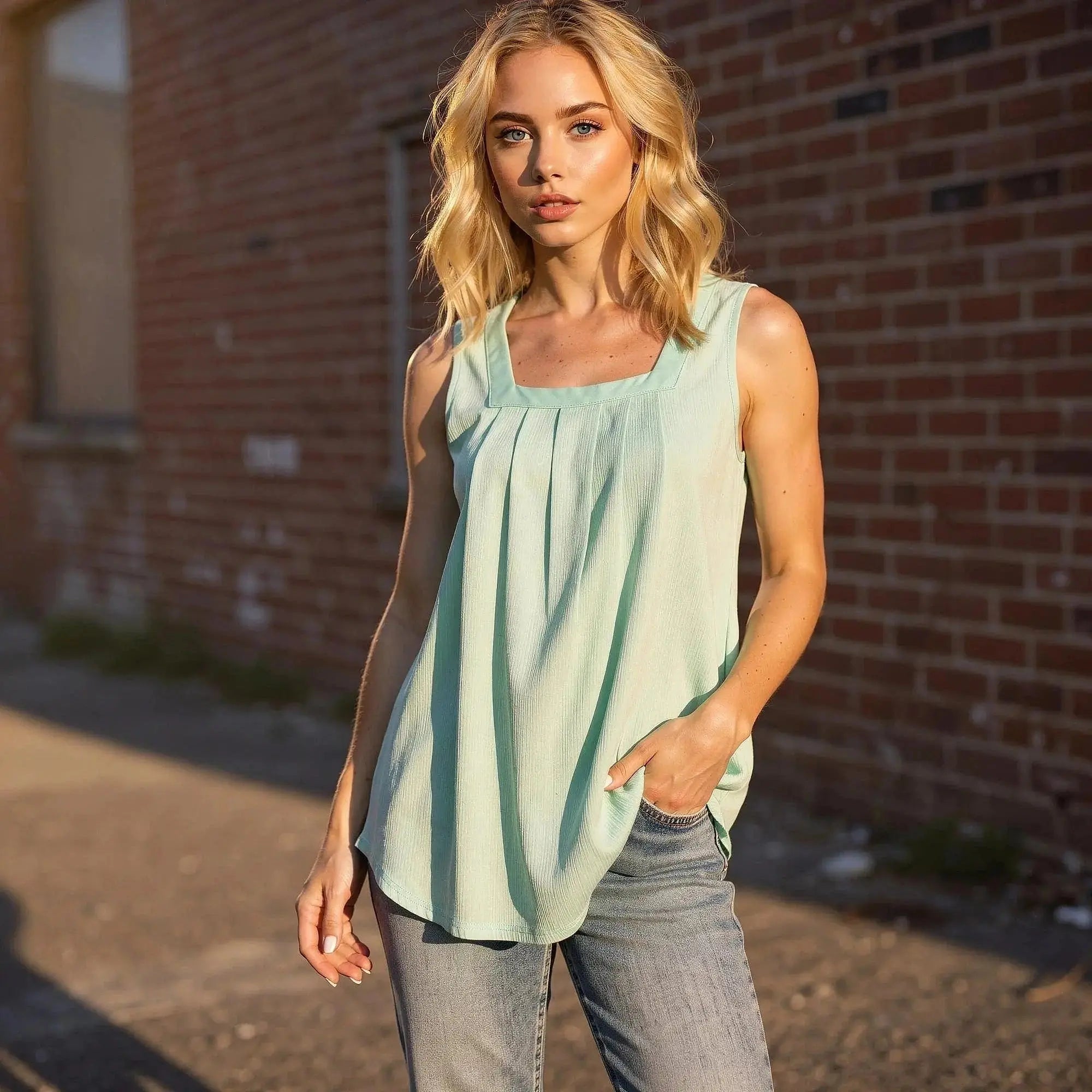 Woman wearing a light green sleeveless midi top with pleats, standing outdoors in sunlight