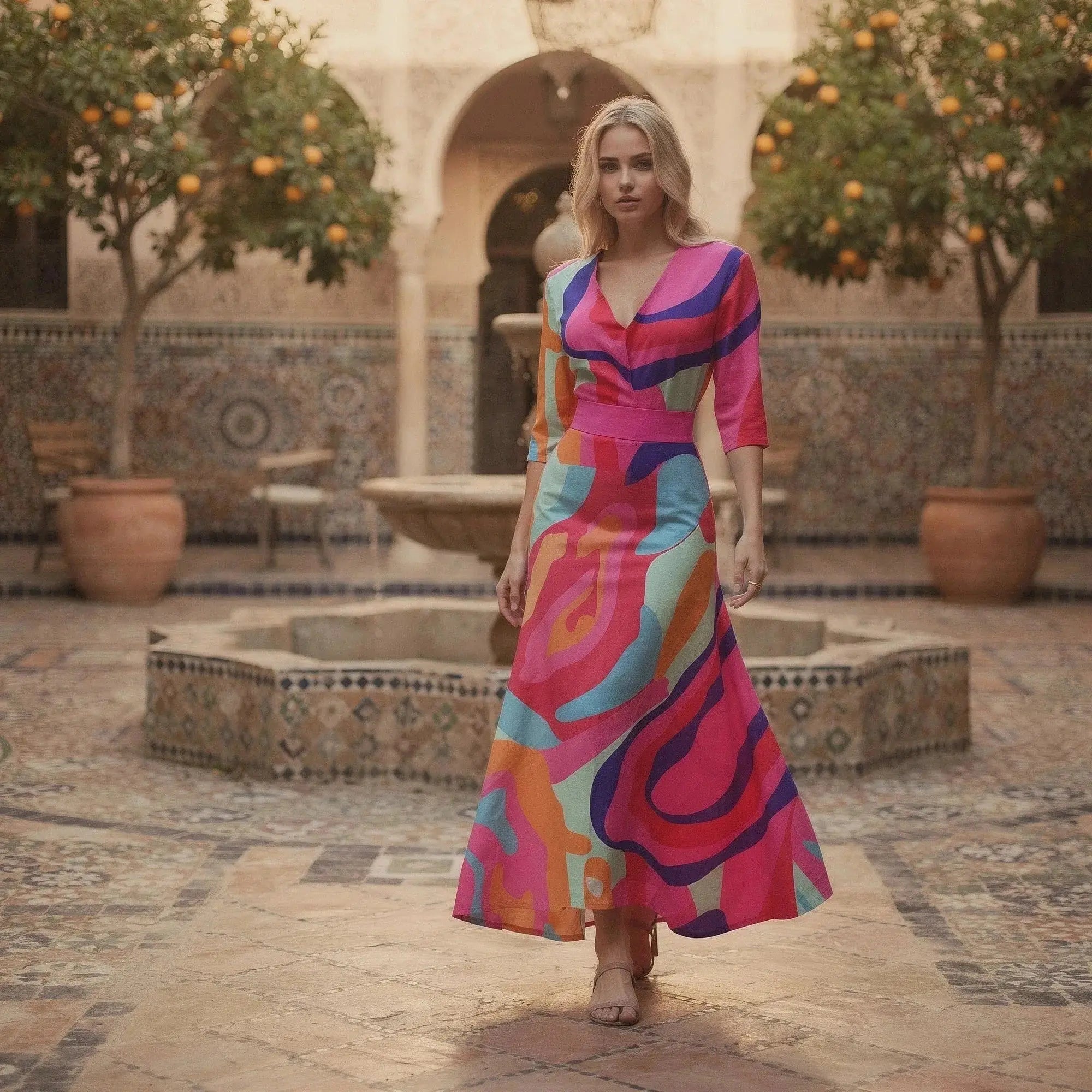Woman wearing a colorful flowy V neck maxi dress with abstract patterns, standing in a courtyard
