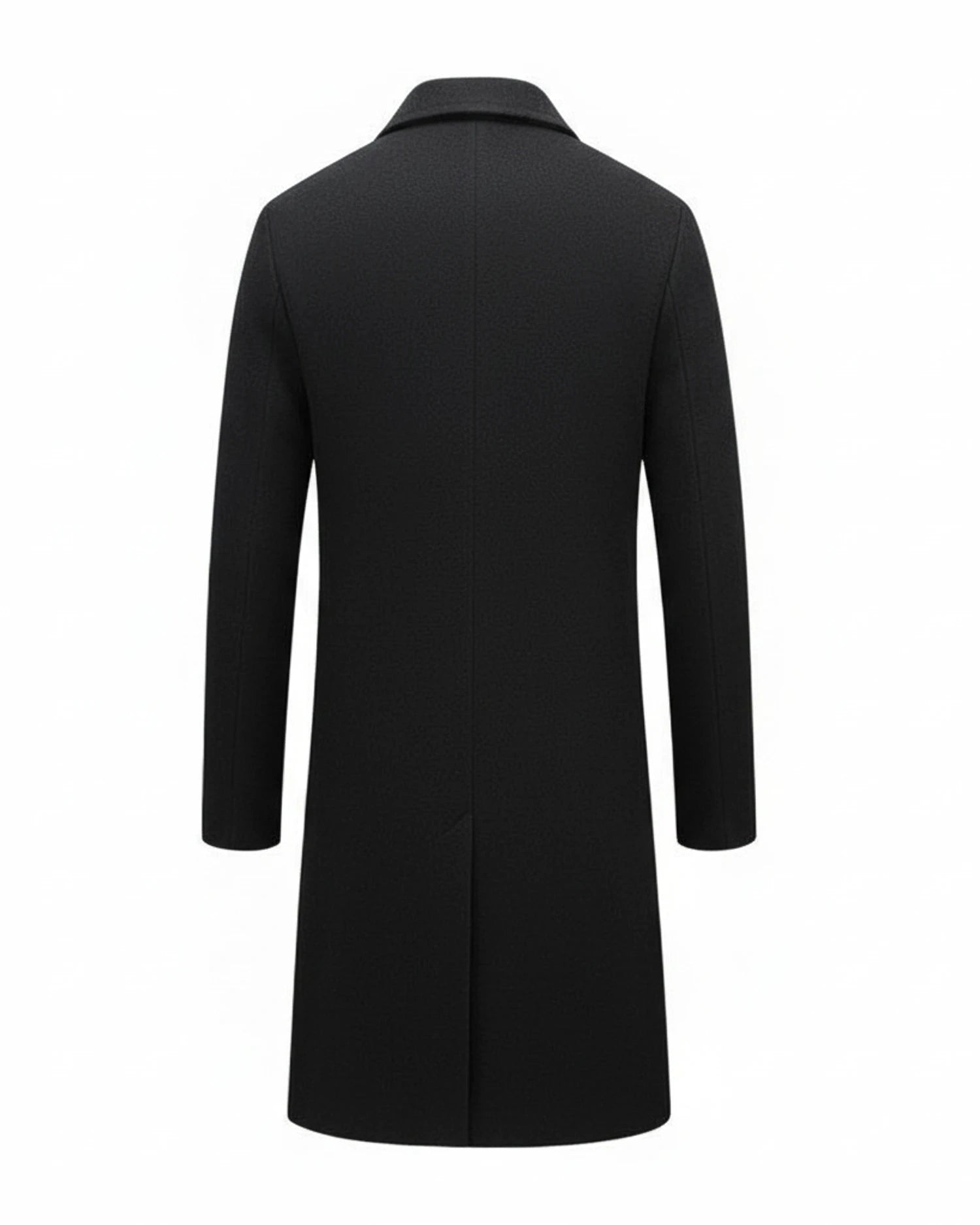 View of a classic formal overcoat in charcoal gray, featuring a tailored fit and smooth wool blend fabric