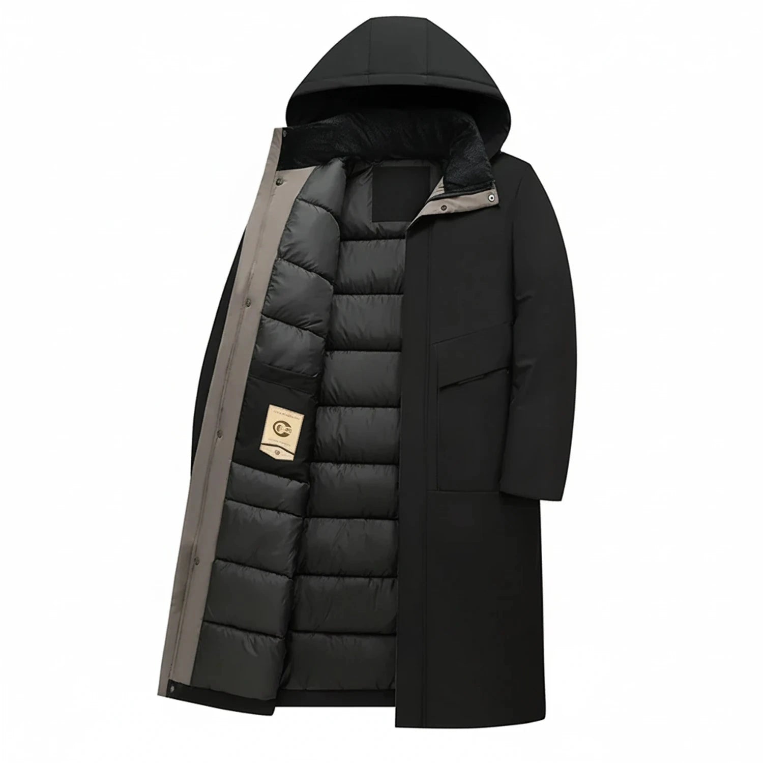 View of a modern insulated winter parka in dark green, featuring a high collar, zipper closure, and multiple pockets