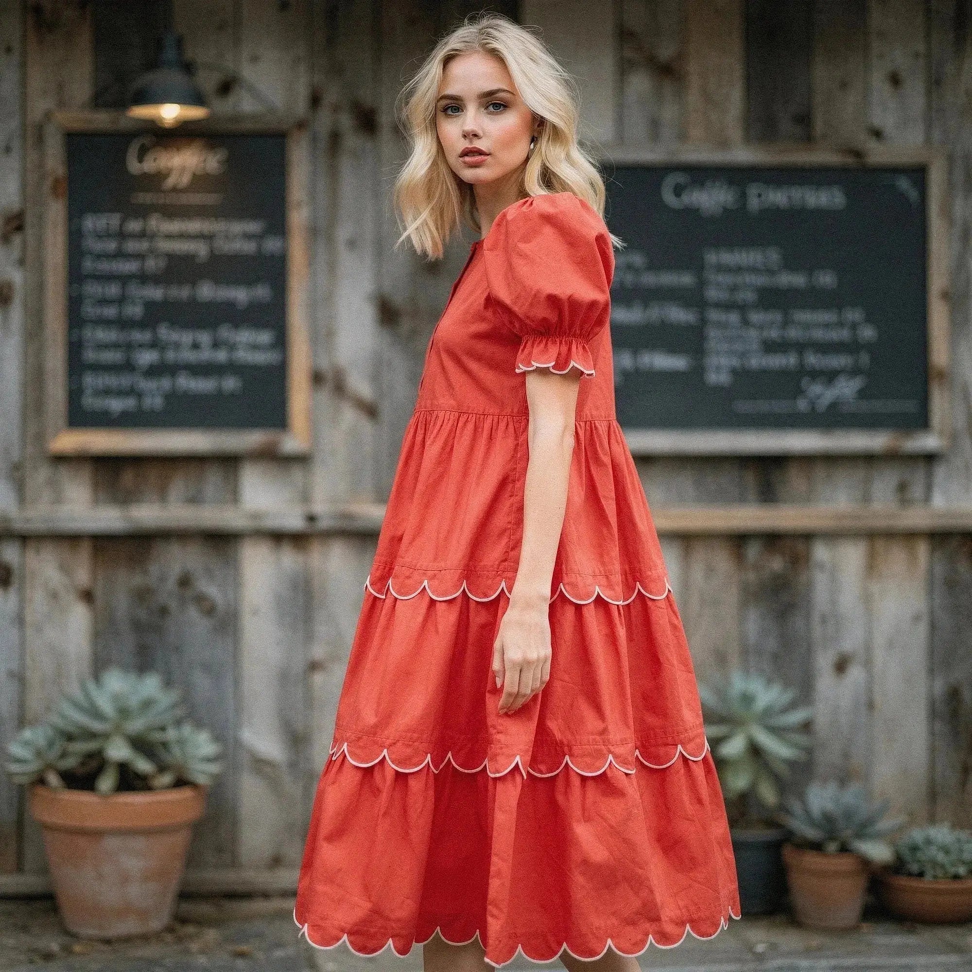 Woman wearing a red A line midi dress with puff sleeves and scalloped hem, standing sideways