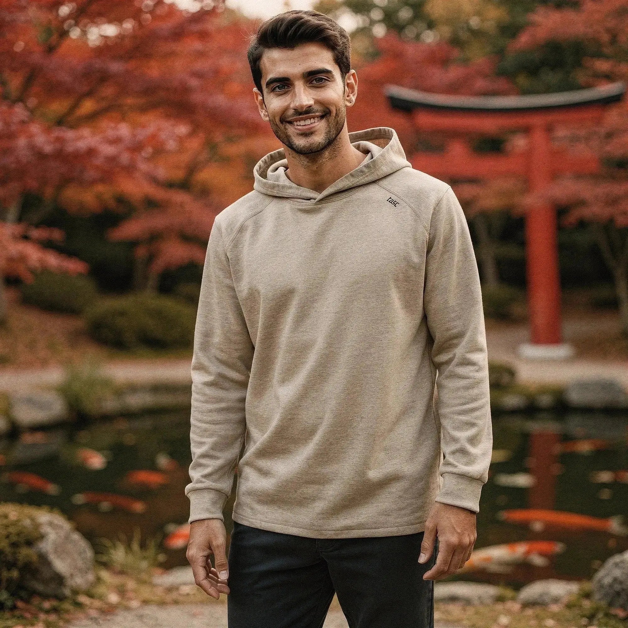 Man wearing beige slim fit hoodie stands outdoors with autumn trees and red gate in background