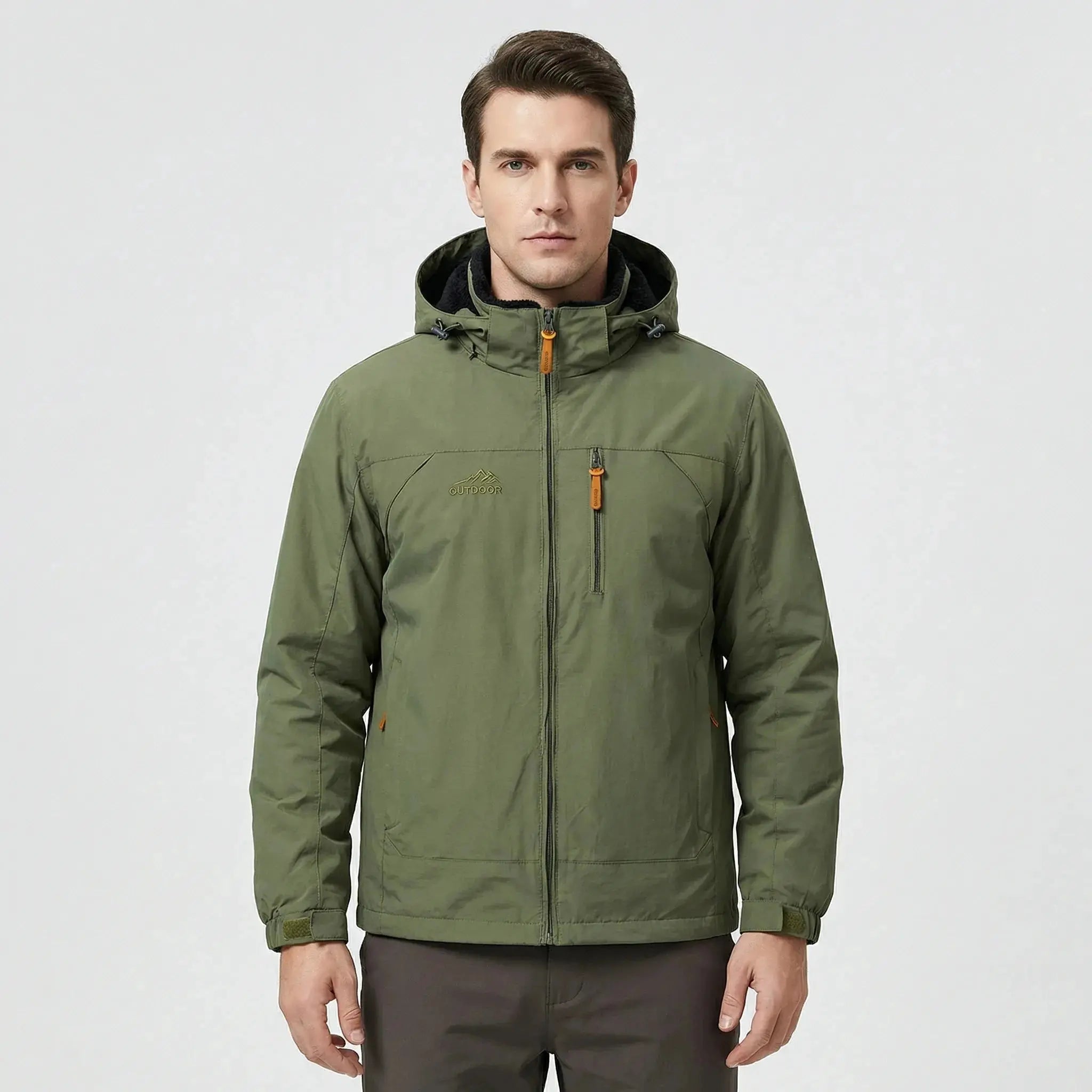 View of a men's water repellent outdoor jacket in dark green, featuring a zippered and adjustable cuffs