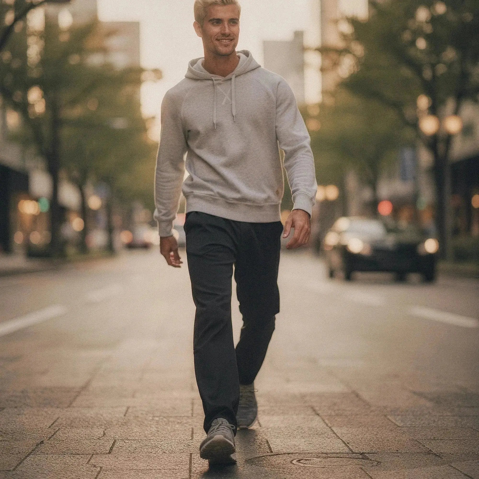 Man wearing a light gray hoodie and dark pants walking confidently on a city street